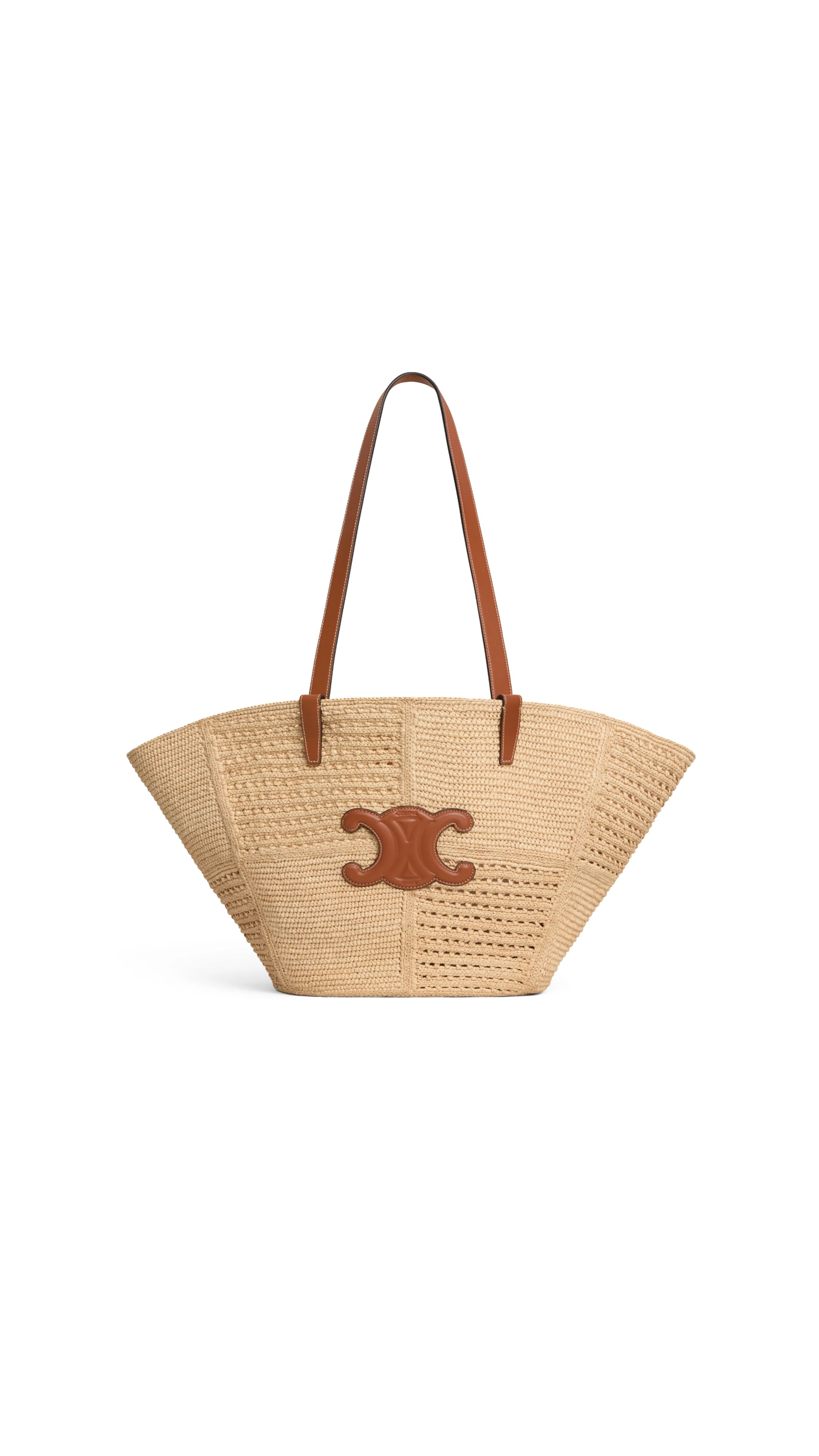 Classic Medium Panier Couffin in Raffia Patchwork and Calfskin - Natural/Tan