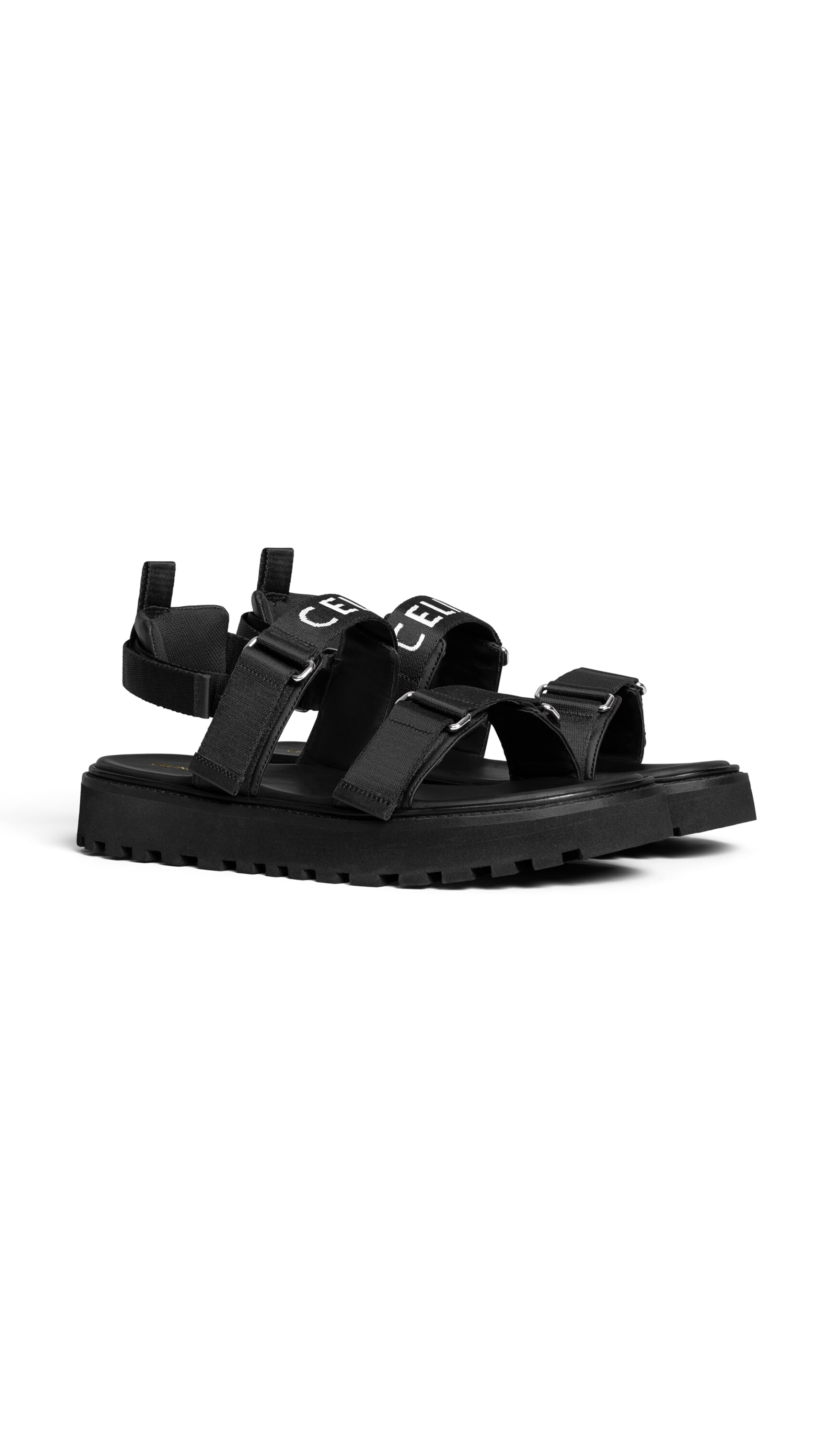 Billie Strappy Sandal in 'Celine' Jacquard and Calfskin - Black