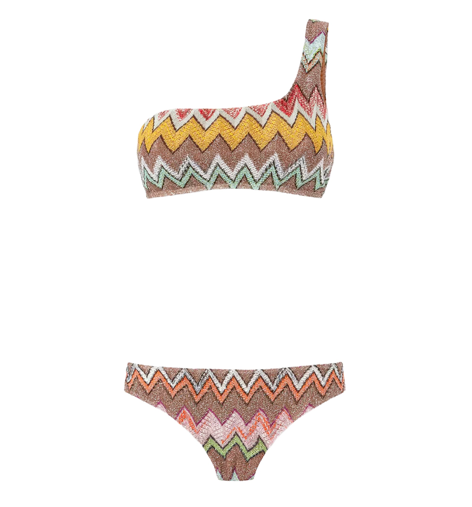 One-shoulder bikini in lamé viscose with macro zigzag pattern