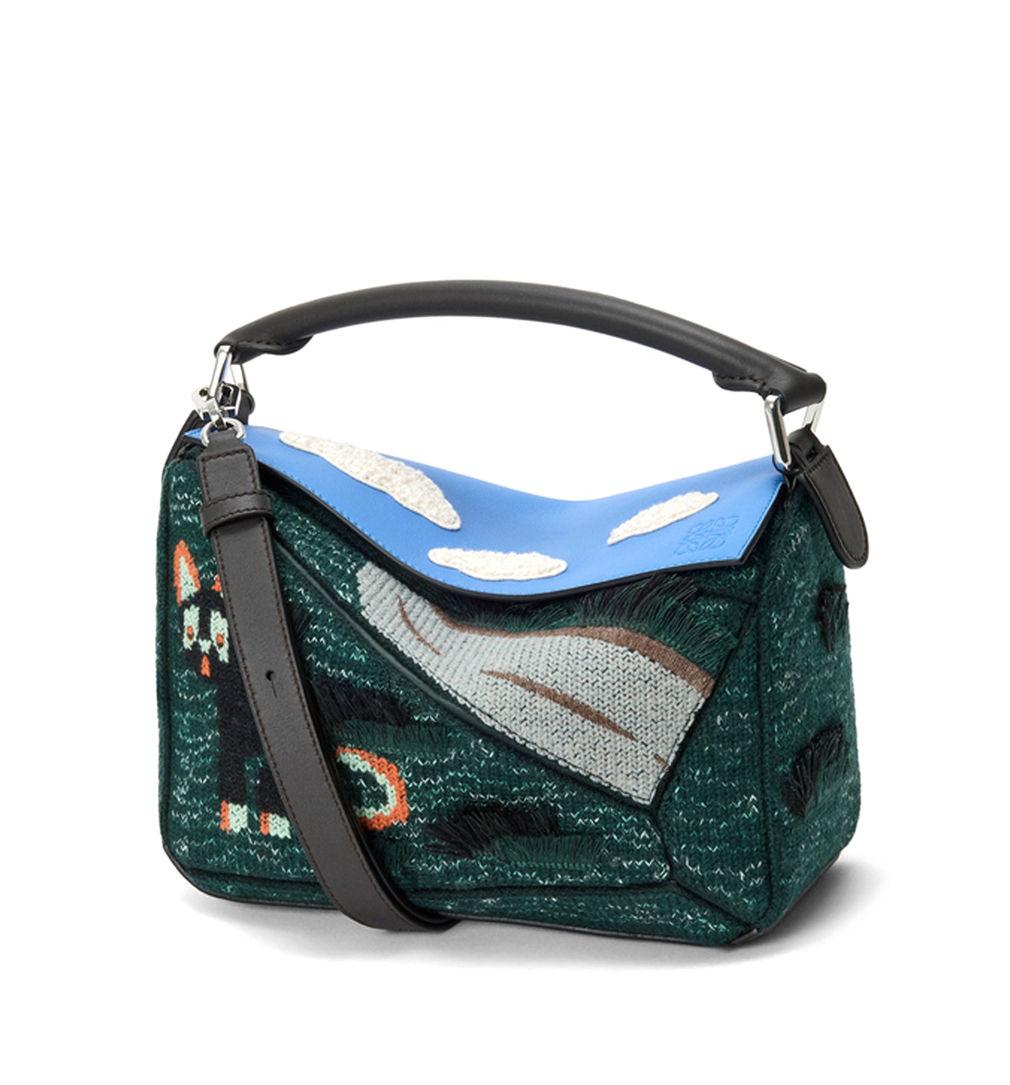 Futurist Cat Small Puzzle Bag In Embroidered Knit And Classic Calfskin