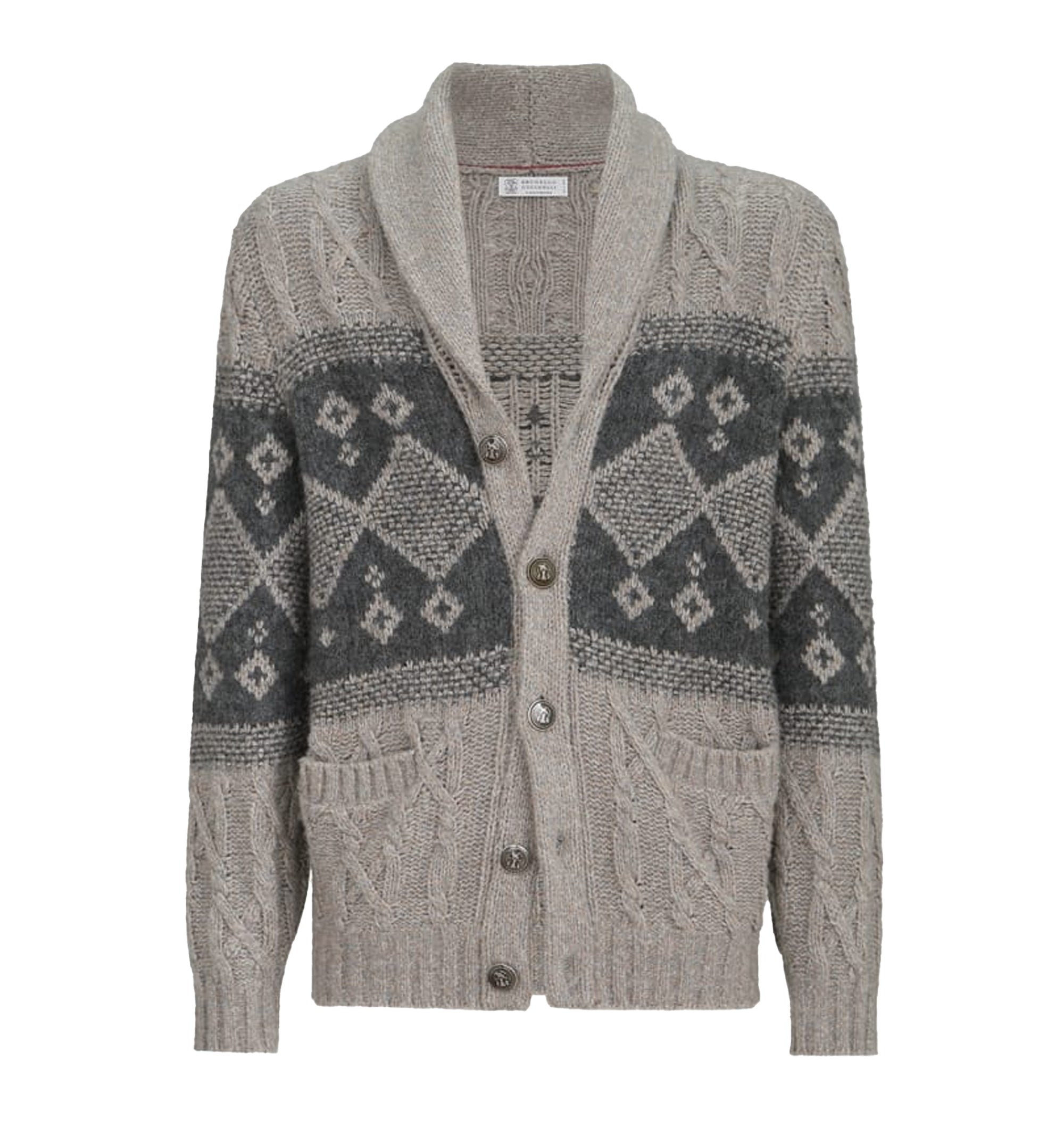 Virgin wool, silk and cashmere chiné cable knit cardigan with intarsia
