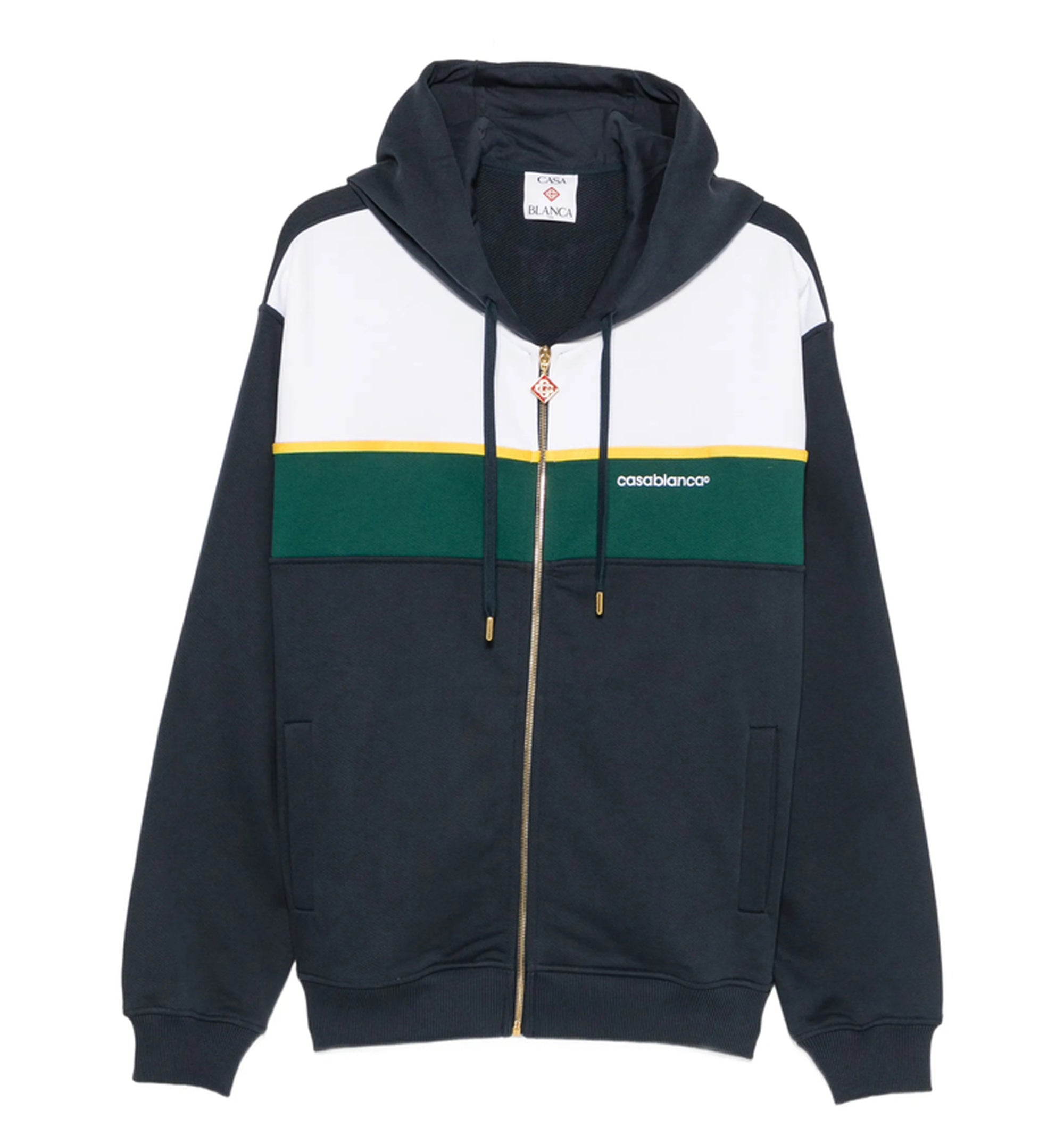 Navy & Green Panelled Zip‑Up Hooded Sweatshirt