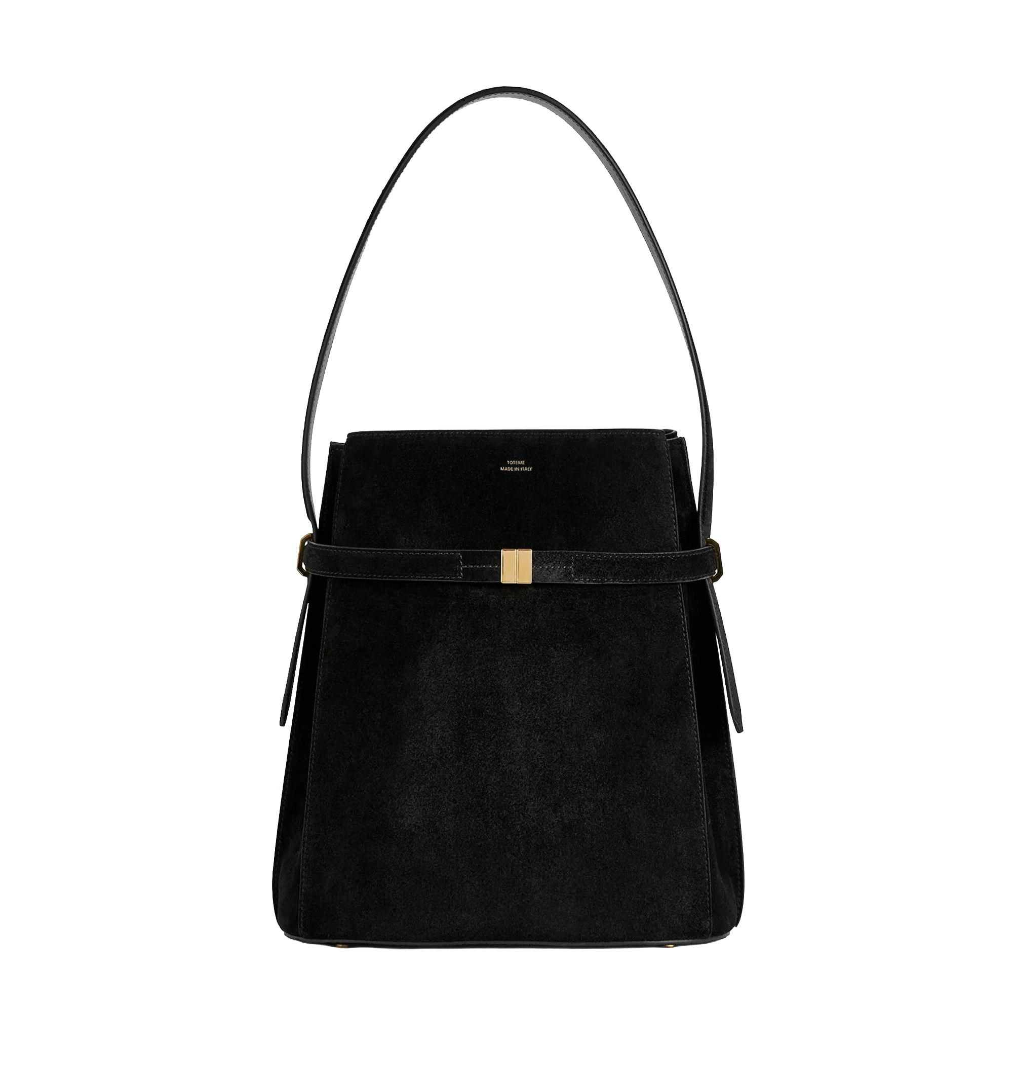 Suede shoulder bag with metal detail on the front