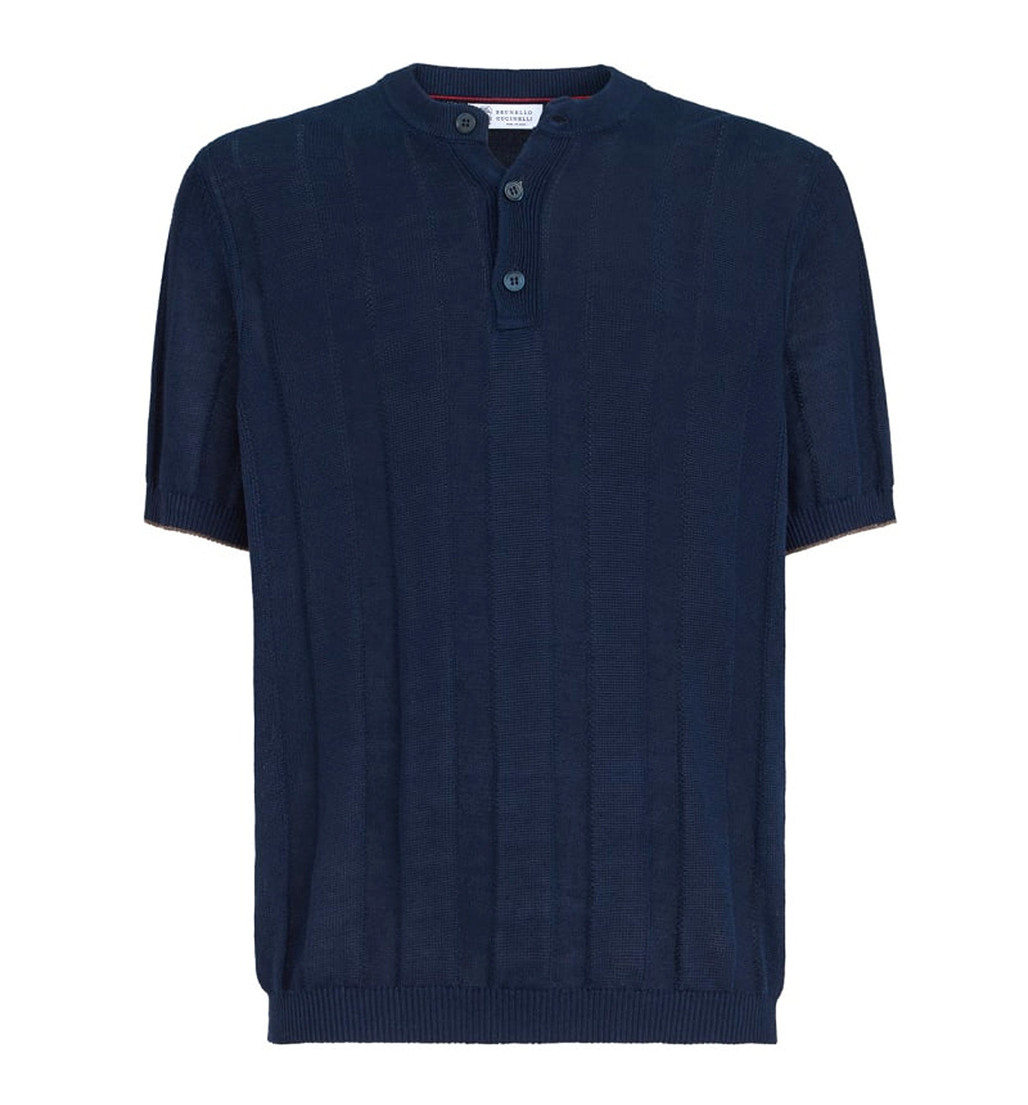 Linen and cotton textured rib knit T-shirt with Henley collar