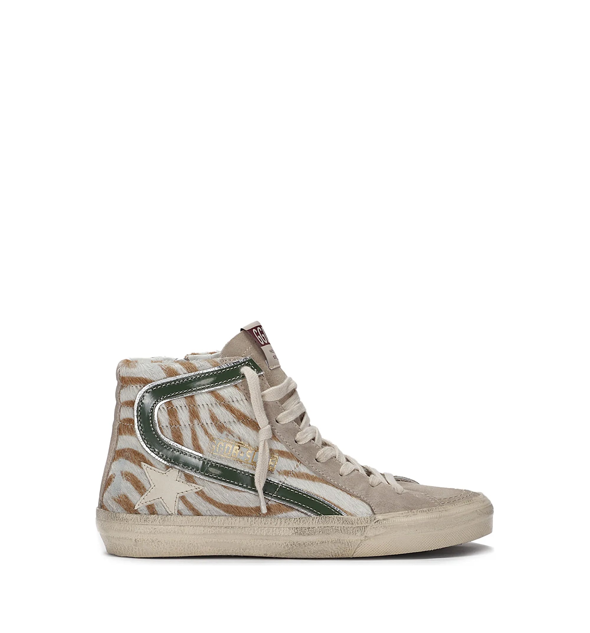 Slide In Zebra-Print Pony Skin With Green Laminated Leather Flash