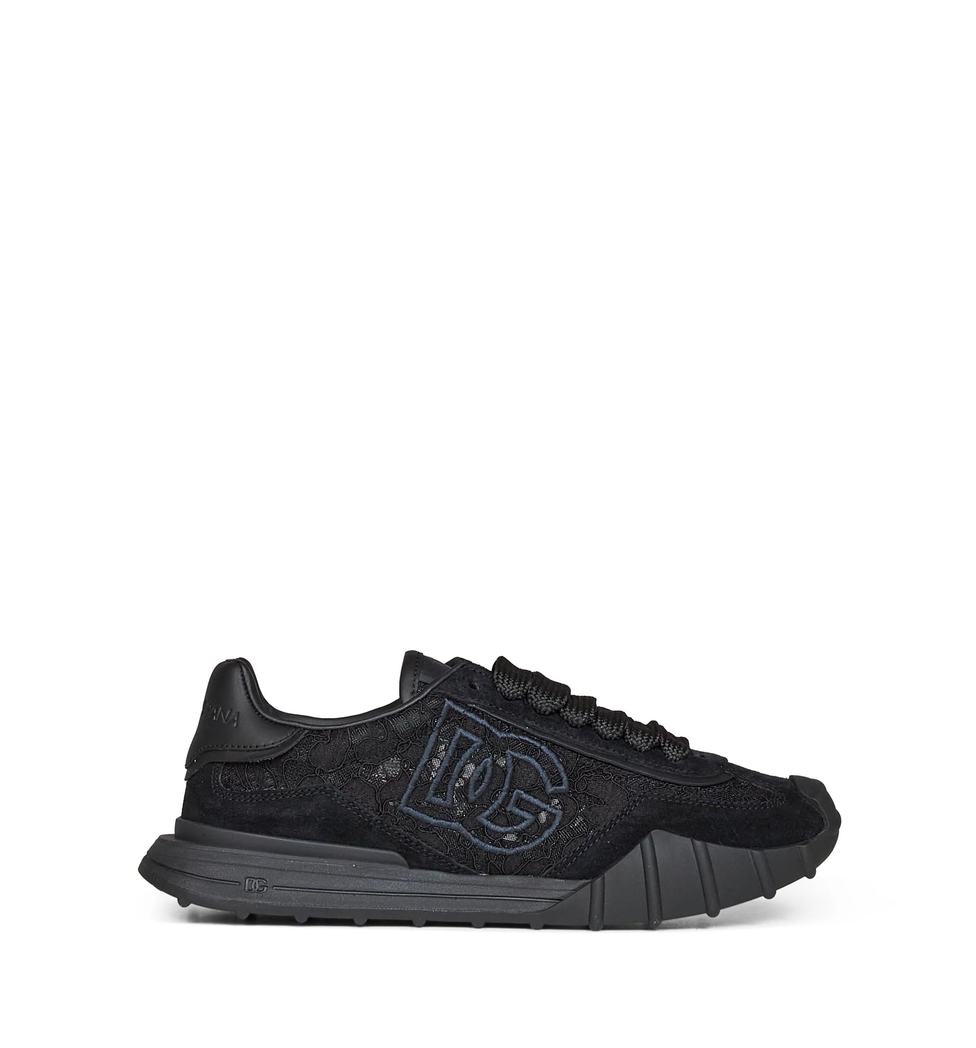 Black Lace And Calf Suede Low-Top Sneakers