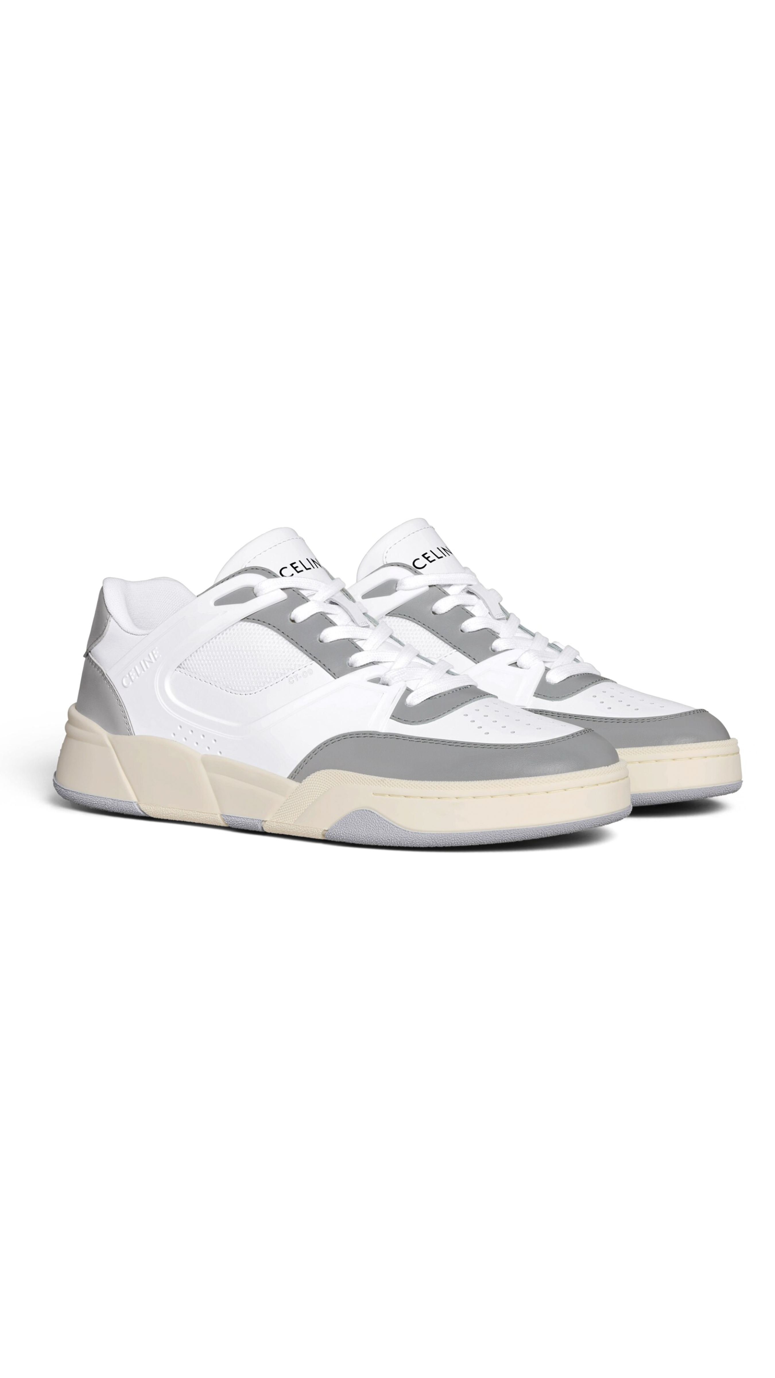 CT-09 Low Lace-up Sneaker in Calfskin and Mesh - Optic White/Grey/Beige