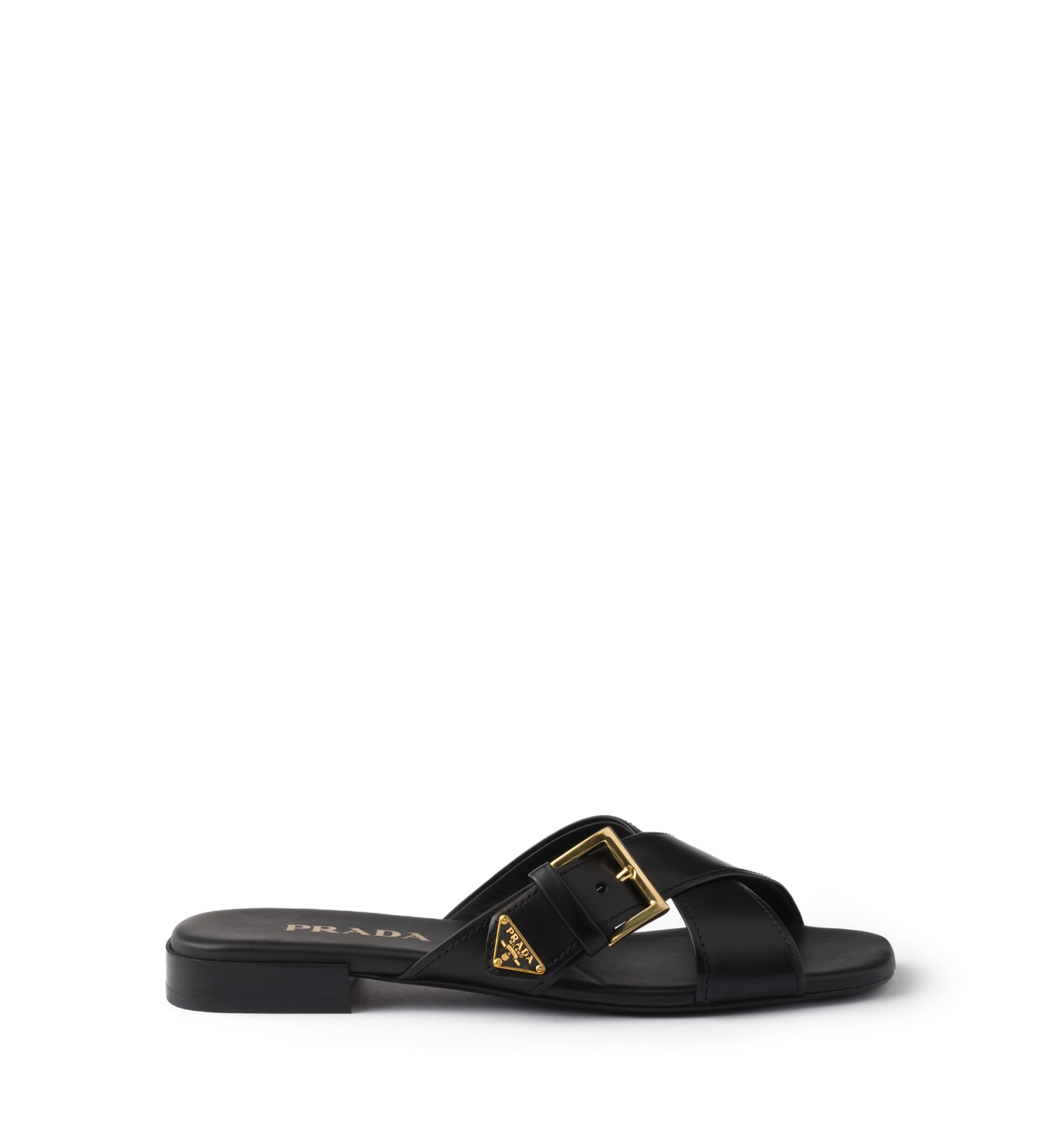 Leather crisscross slides with buckle
