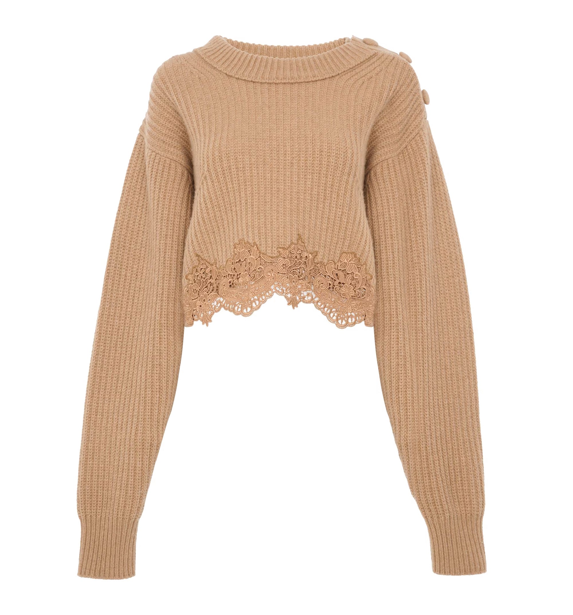 Cropped mock-neck sweater in a wool and cashmere knit & lace