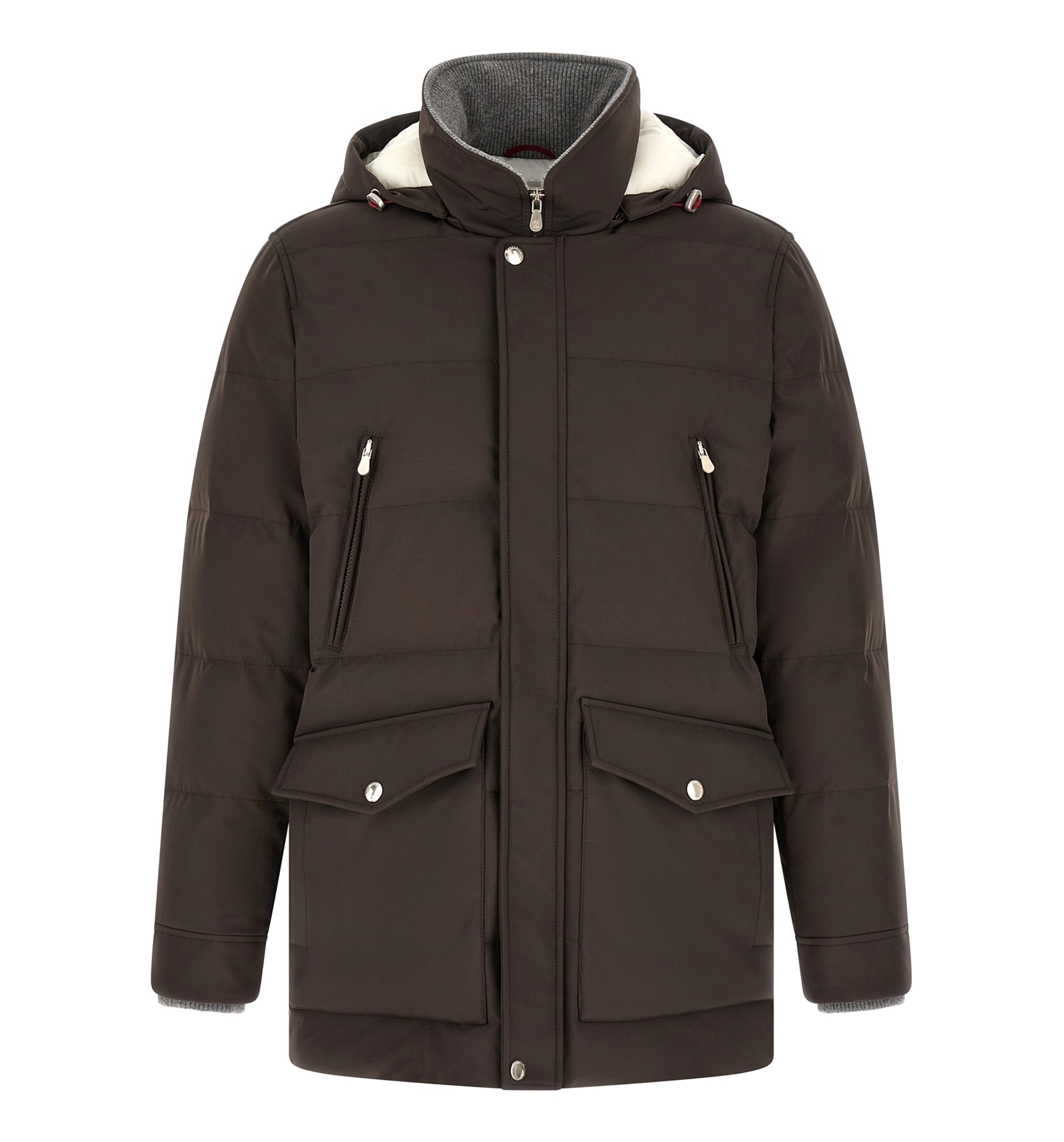 Stretch bonded nylon down parka with detachable hood