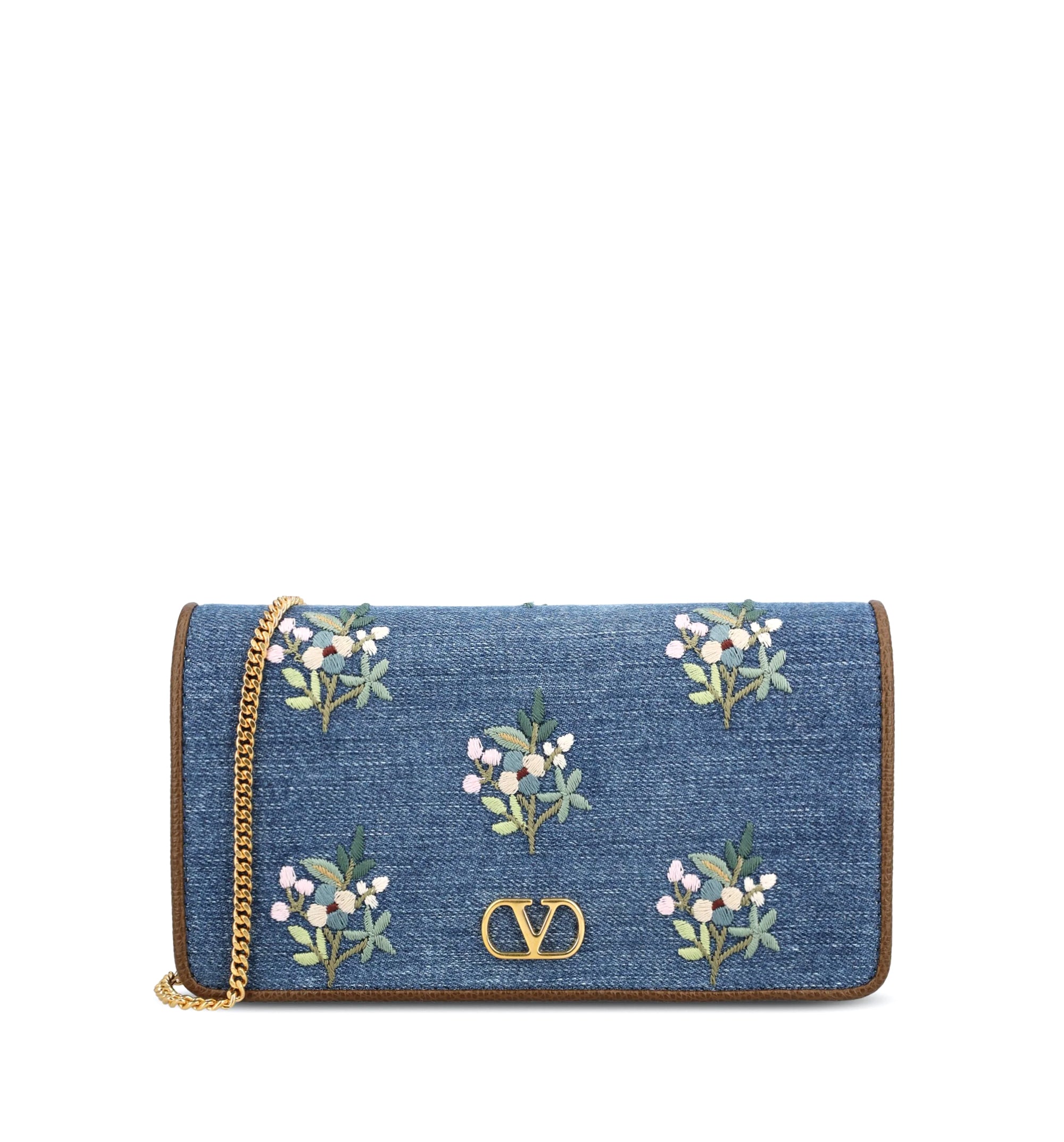 VLogo Signature Mini Shoulder Bag In Denim With Floral Embroidery