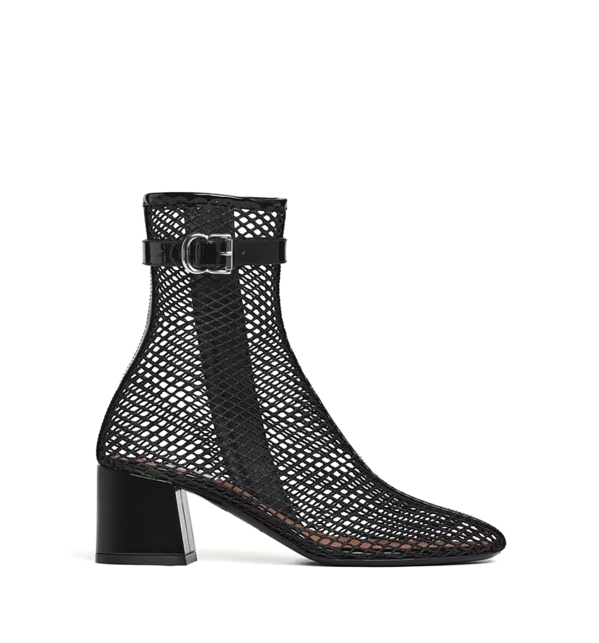 Fishnet 55 mesh and patent leather boots