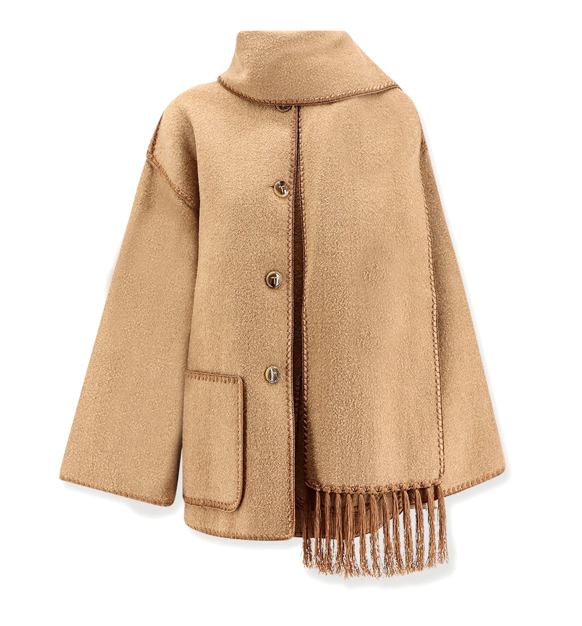 Embroidered Wool-Blend Scarf Jacket - Camel