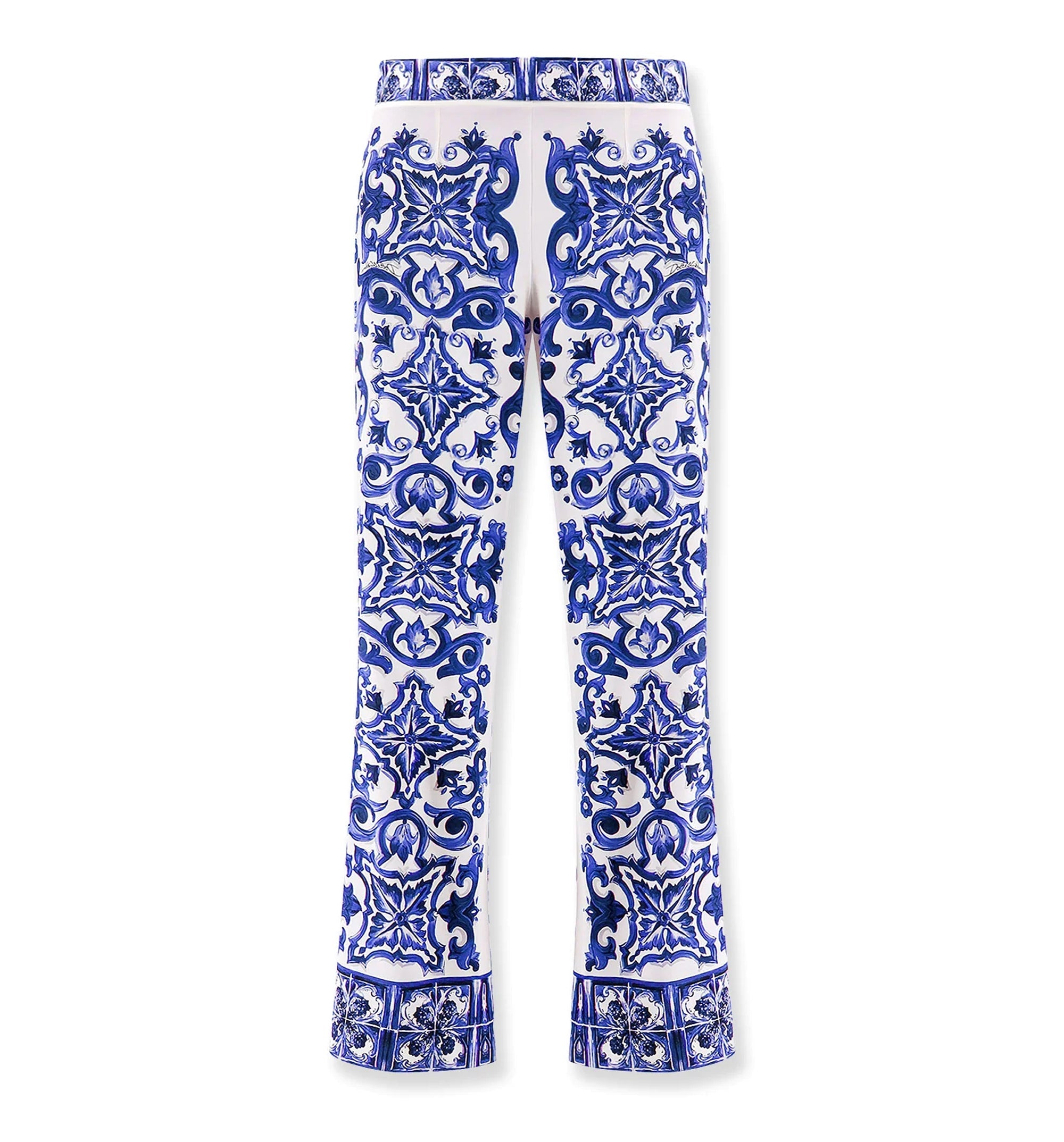 Flared Trumpet-Leg Charmeuse Pants With Majolica Print