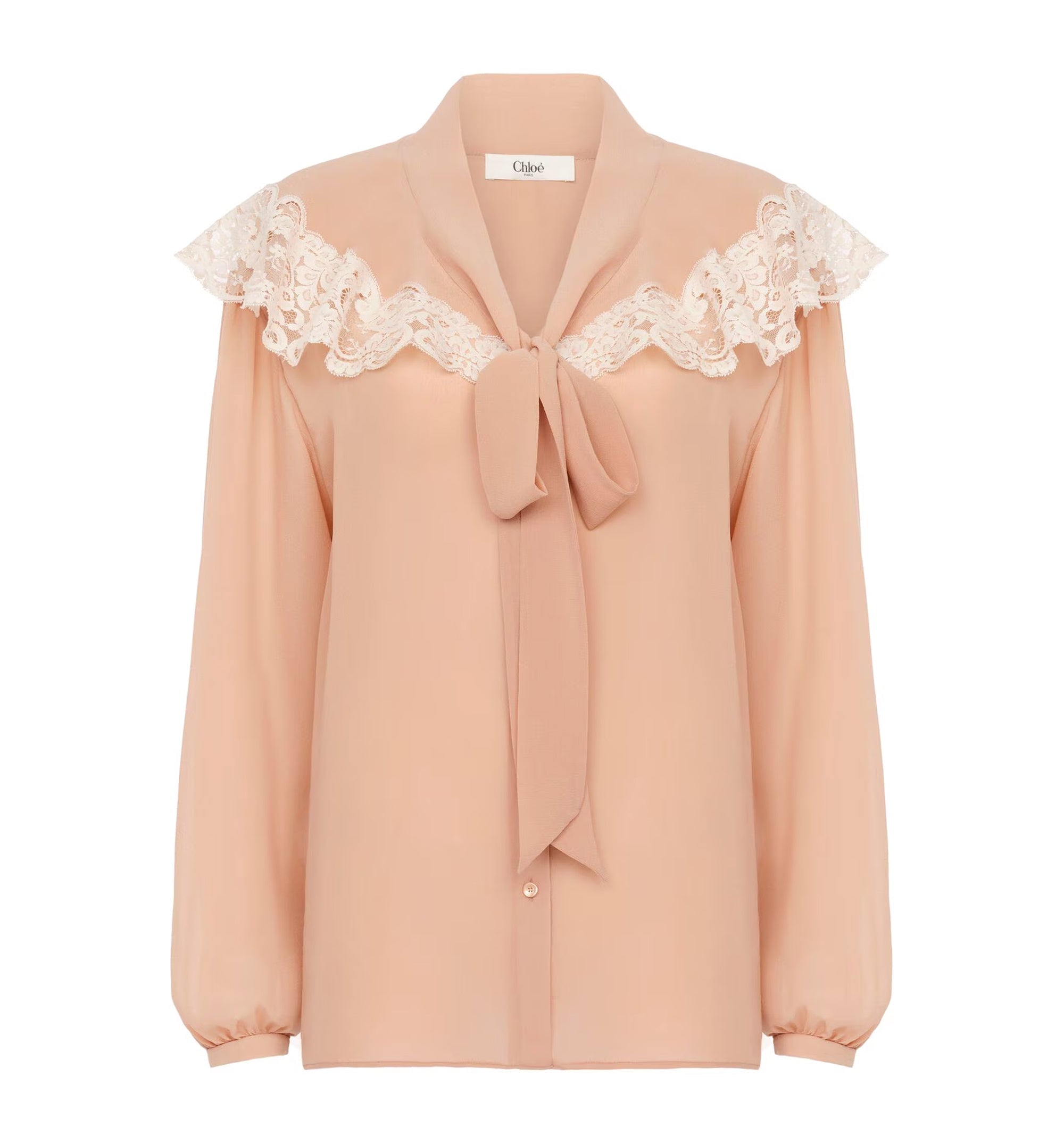 Tie-front gathered blouse in silk georgette & lace