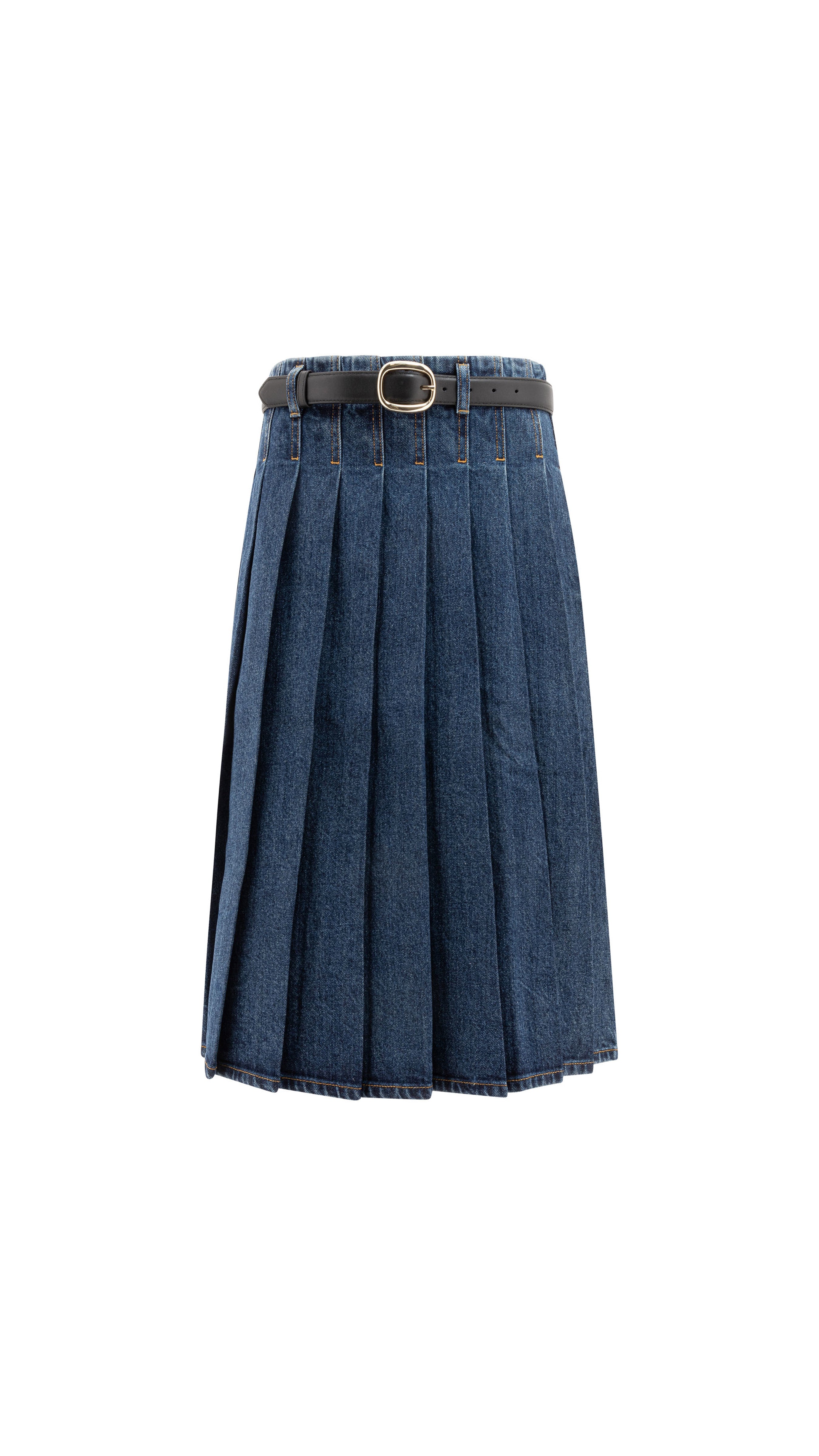 Pleated Denim Midi Skirt - Blue