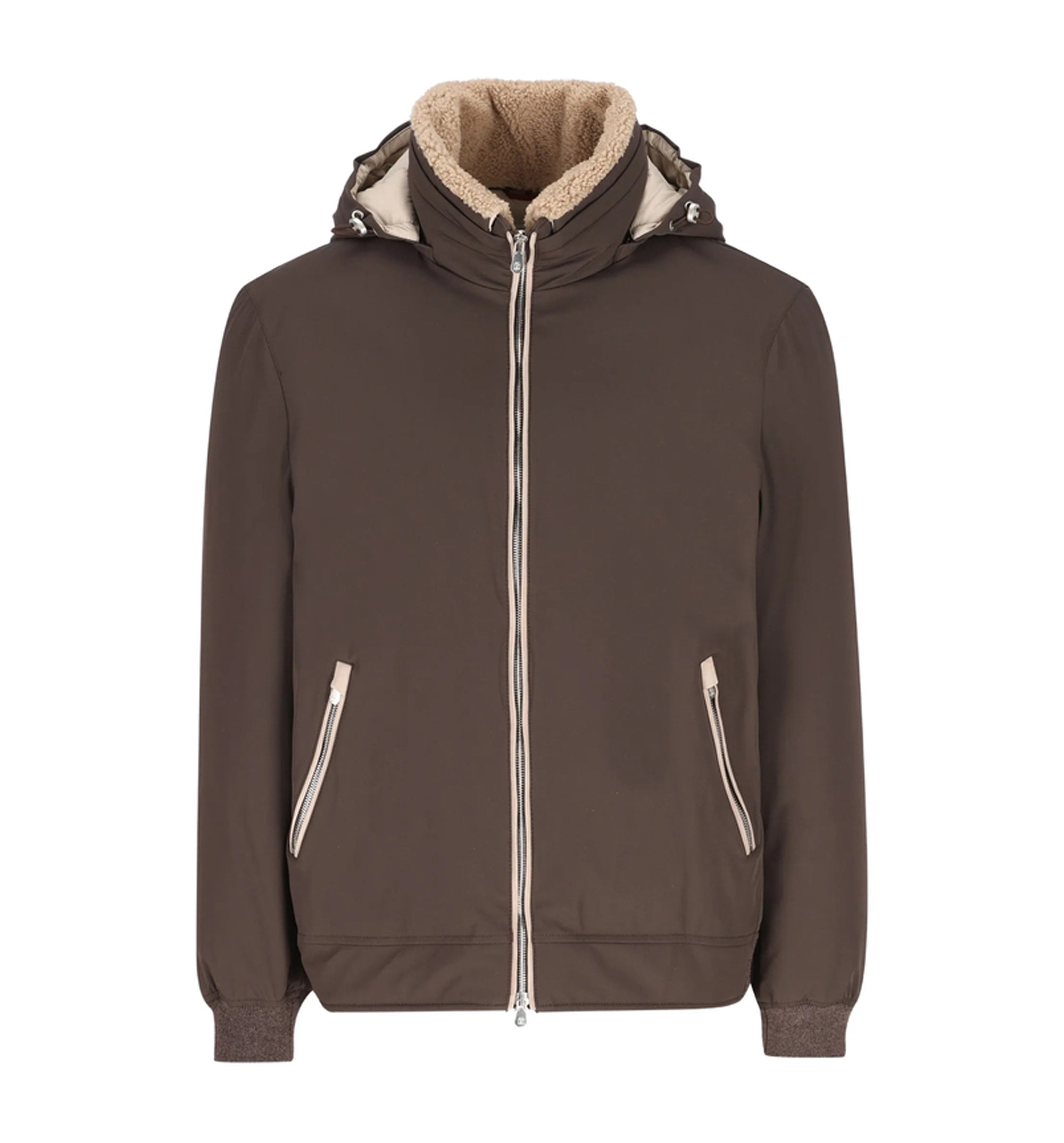 Stretch bonded nylon down jacket with detachable hood