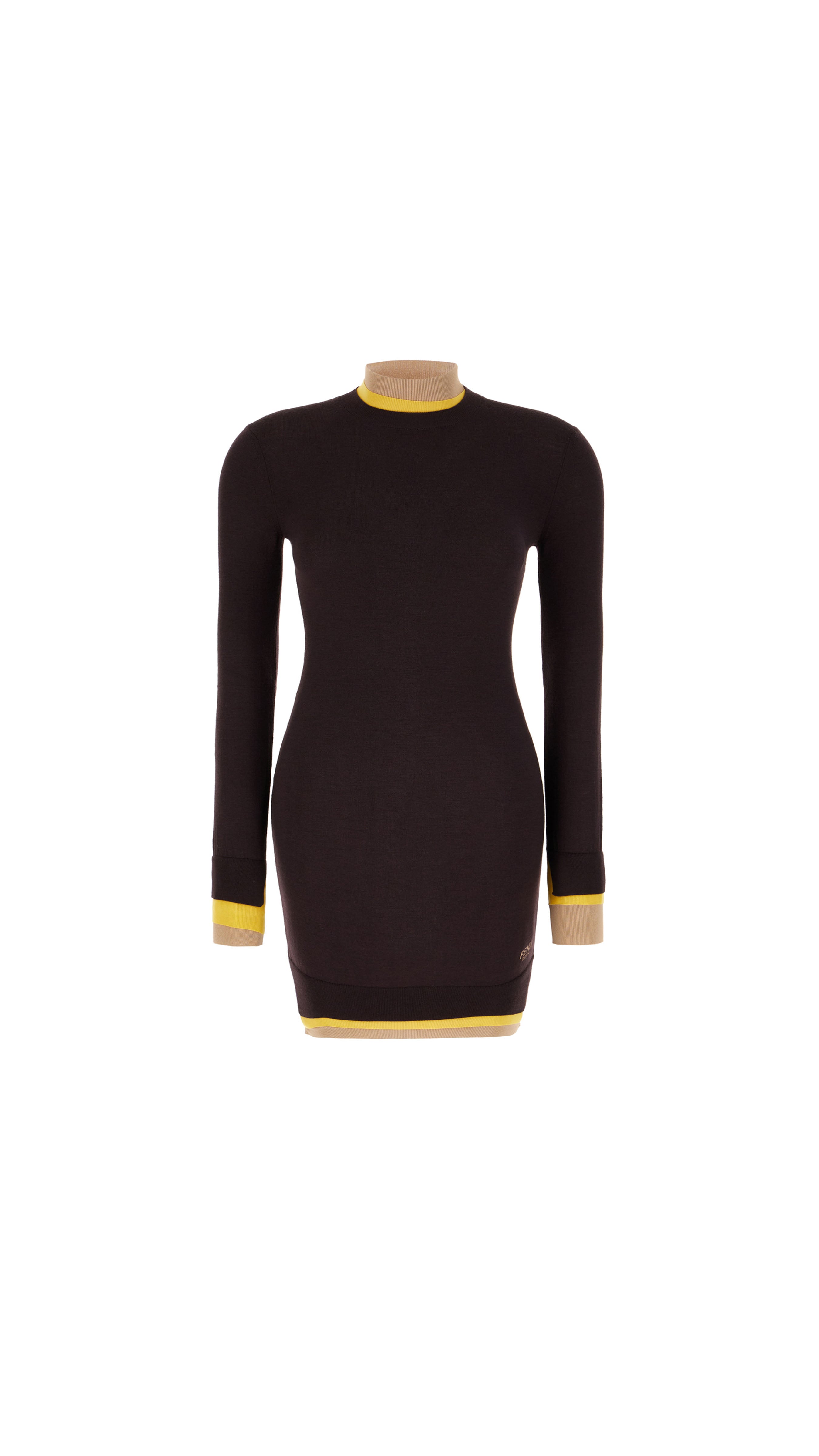 Trompe-l'oeil Wool Jersey Turtleneck Dress - Dark Purple/Yellow/Beige