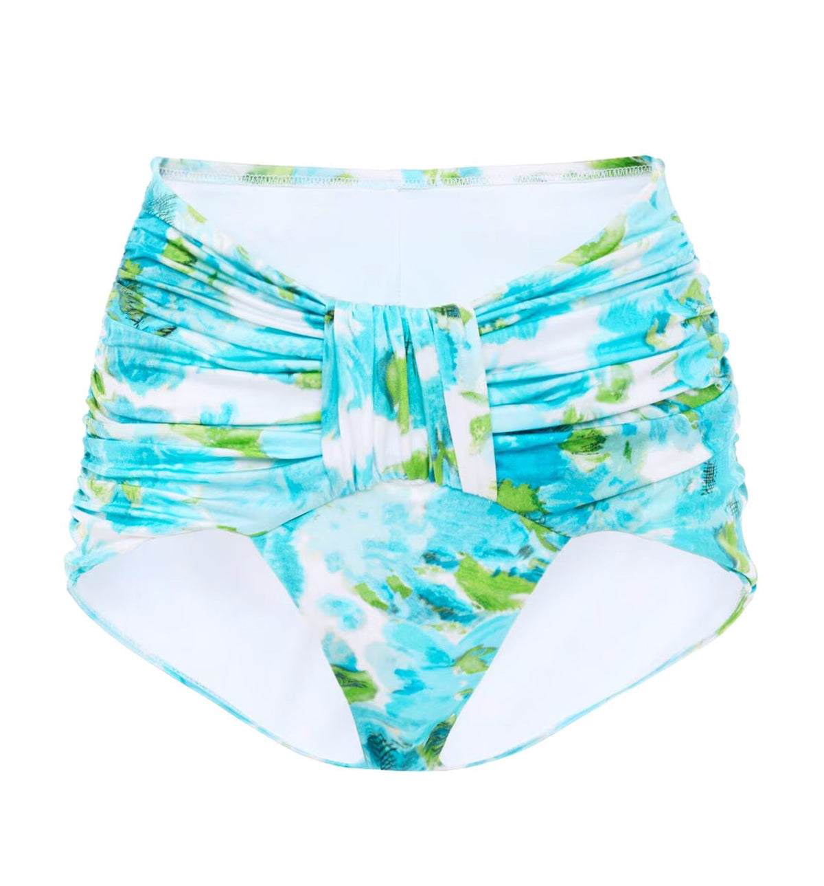Aqua flower-print mid-rise draped bikini bottoms