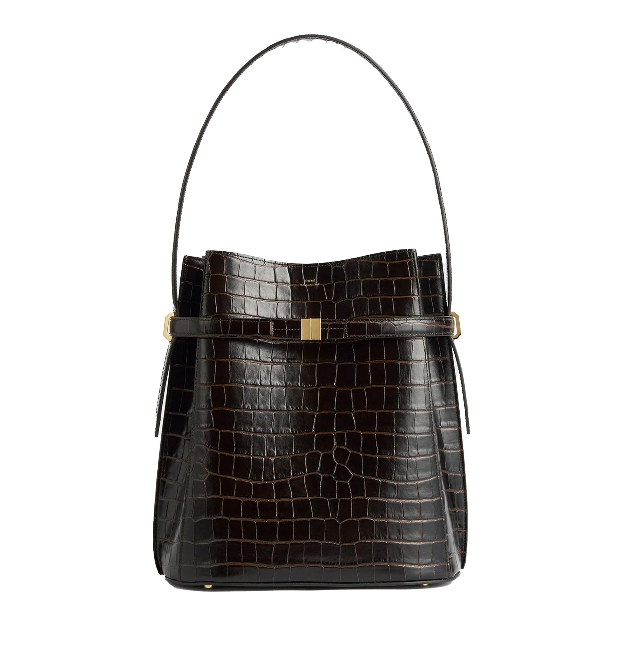 Belted Croco-Embossed Bucket Bag