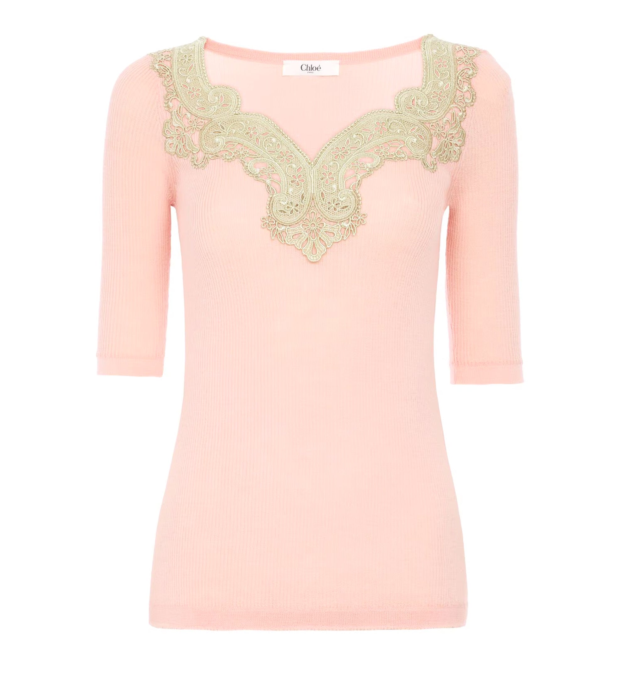 Elbow-sleeve fitted sweater in a wool knit & lace