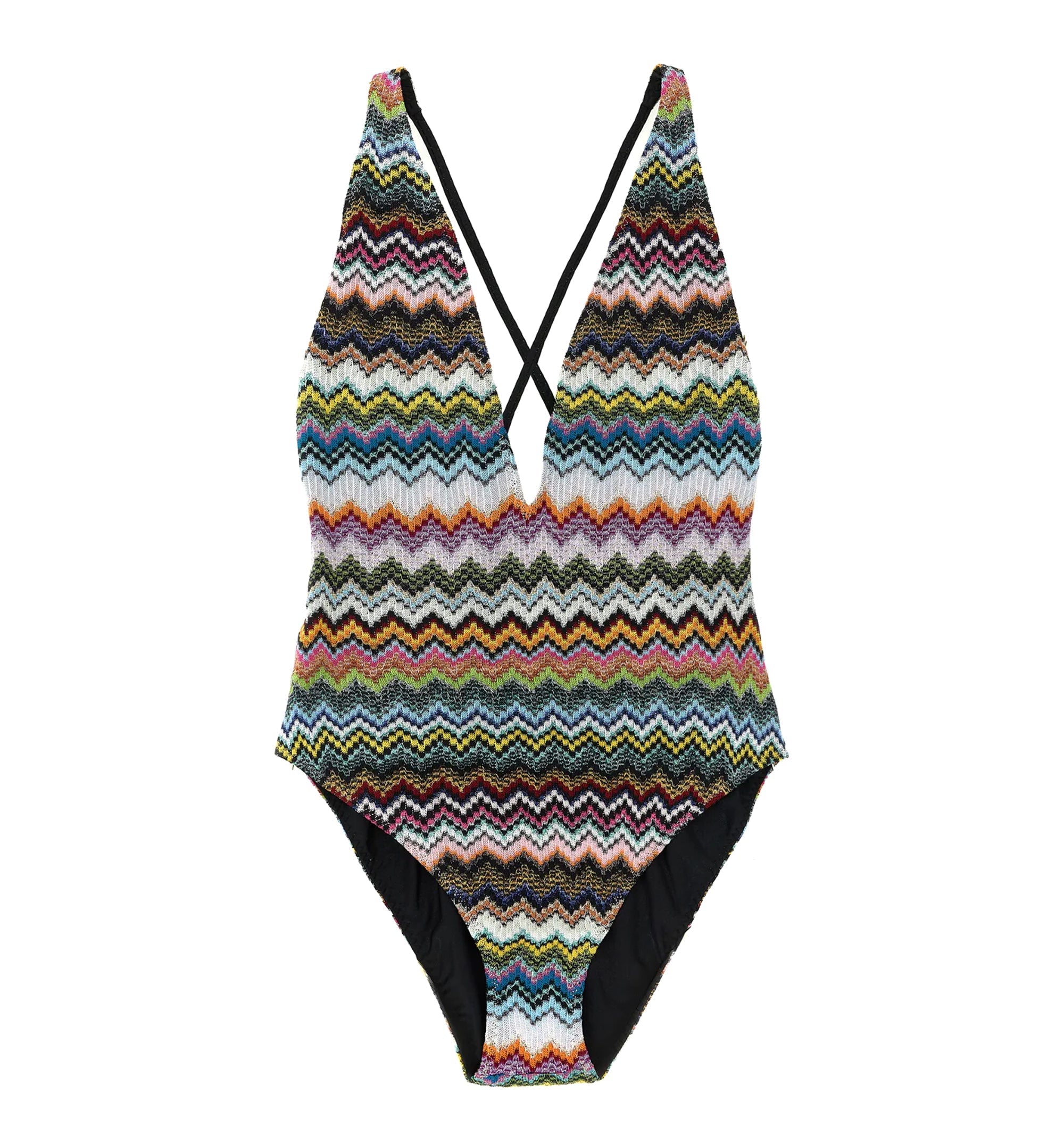 One-Piece Swimsuit In Lamé Viscose With Pixel-Effect Zigzag Pattern And V-Neckline