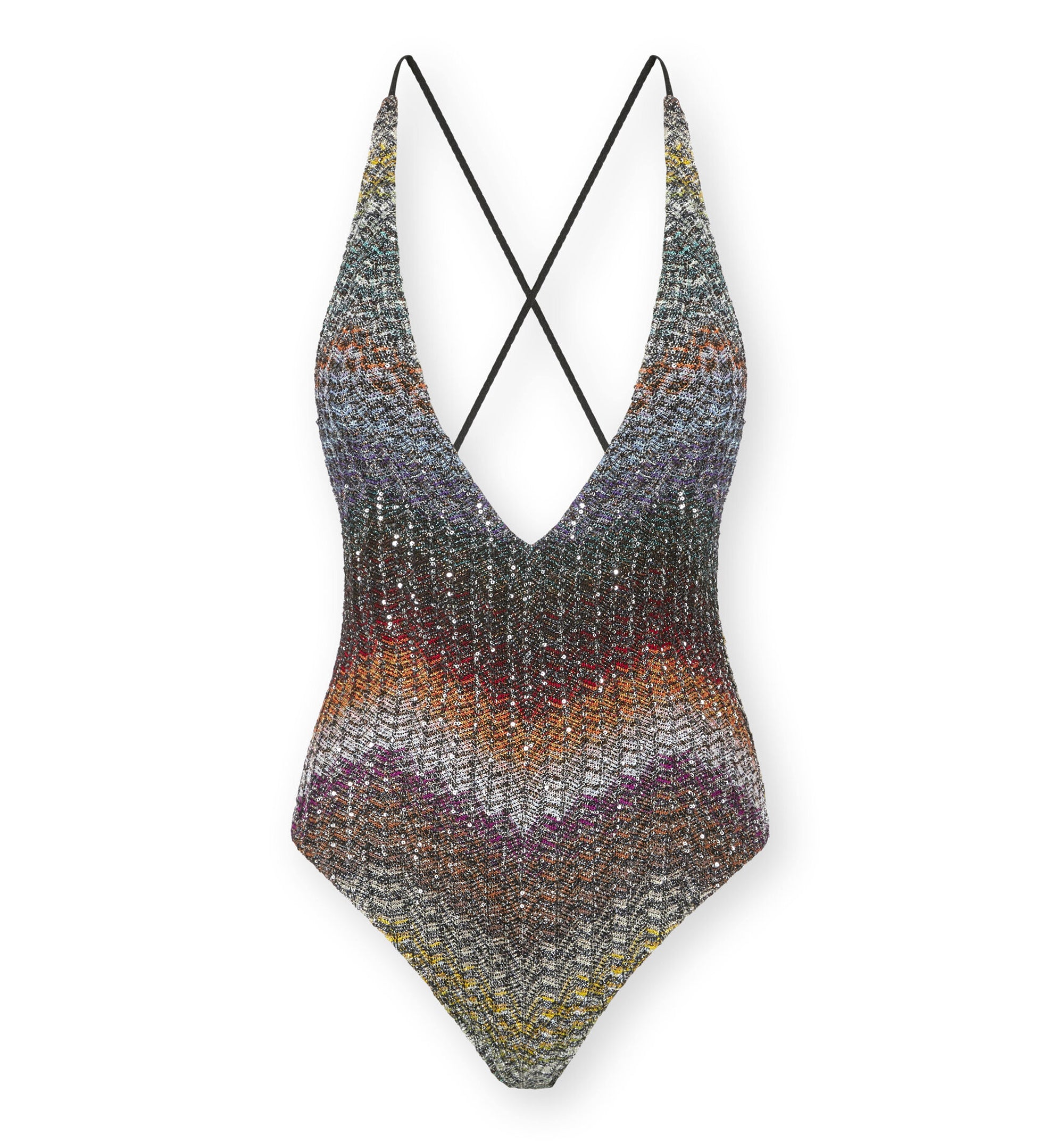 One-Piece V-Neck Swimsuit in Greek-Style Zigzag Knit with Sequins