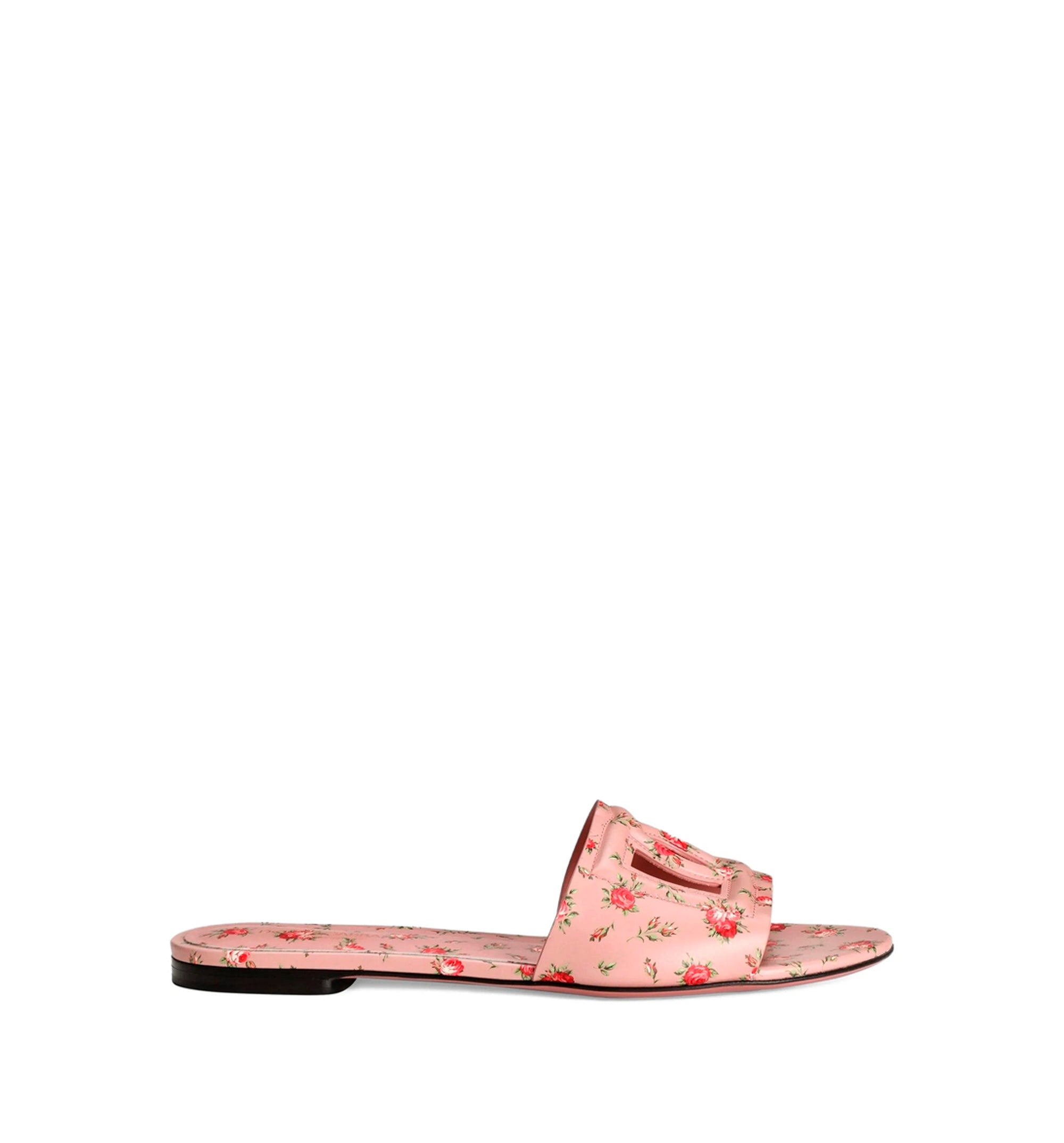 Calfskin flat slippers with rose print