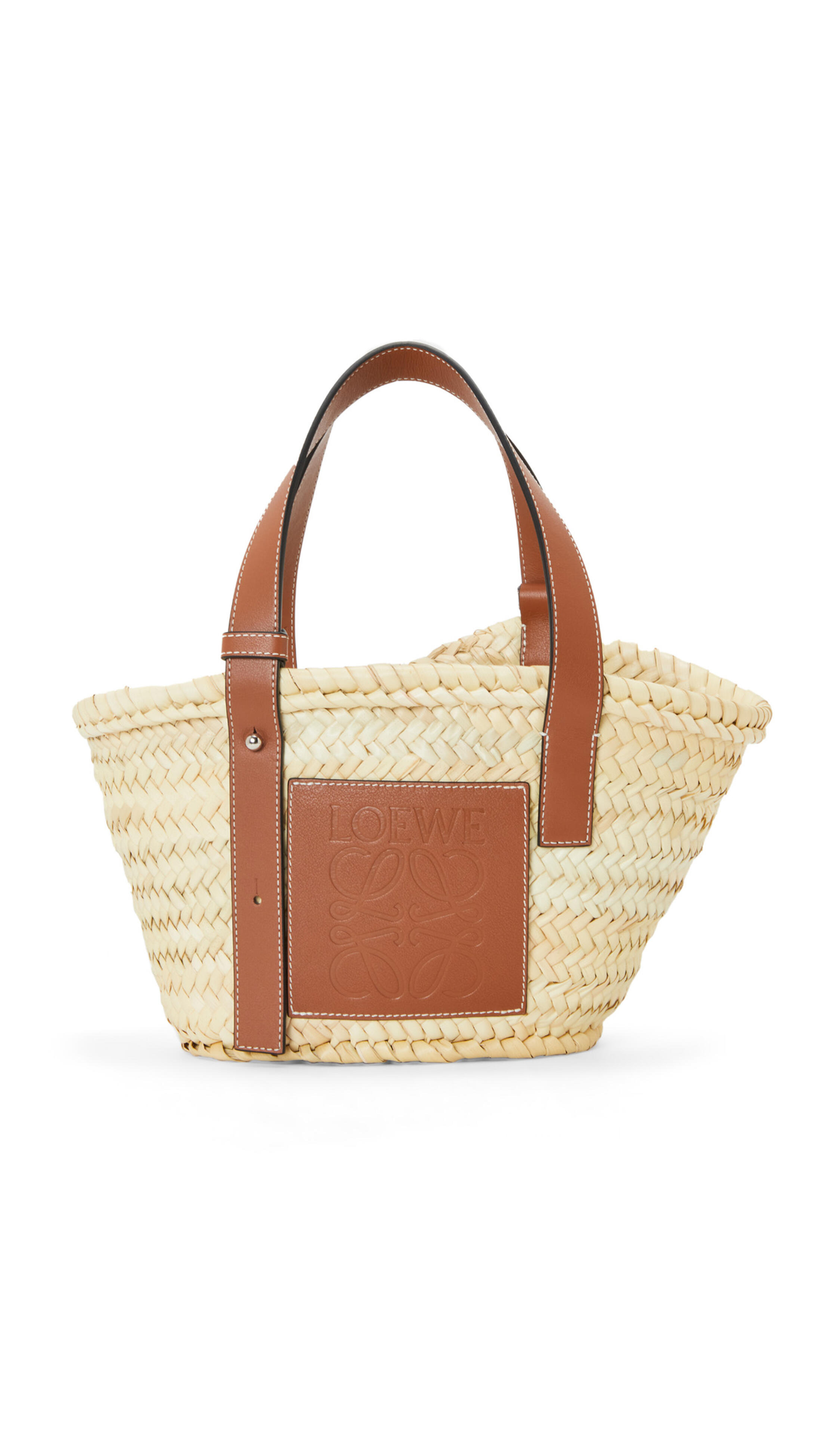 Small Basket Bag in Palm Leaf and Calfskin - Natural/Tan