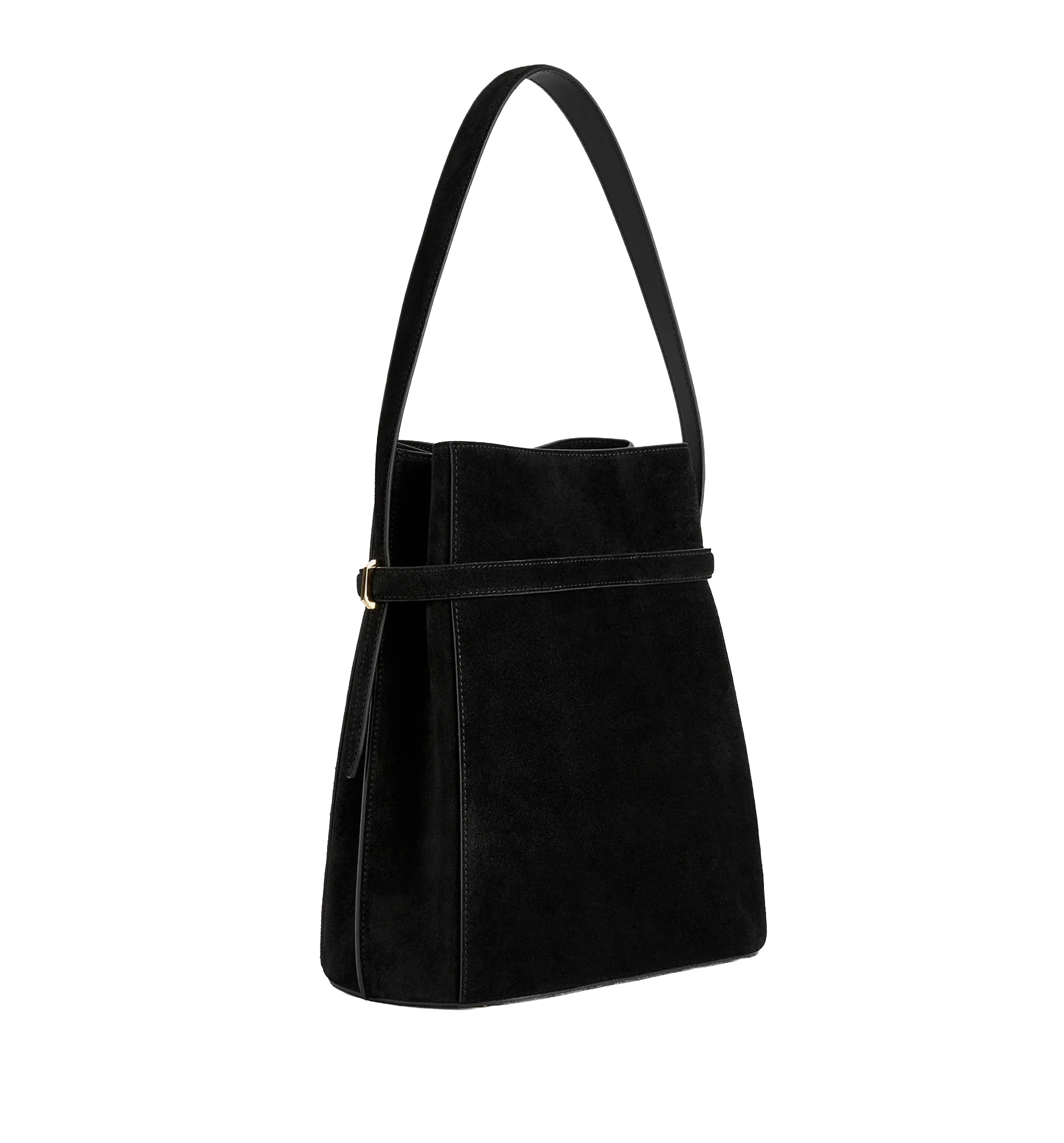 Suede shoulder bag with metal detail on the front