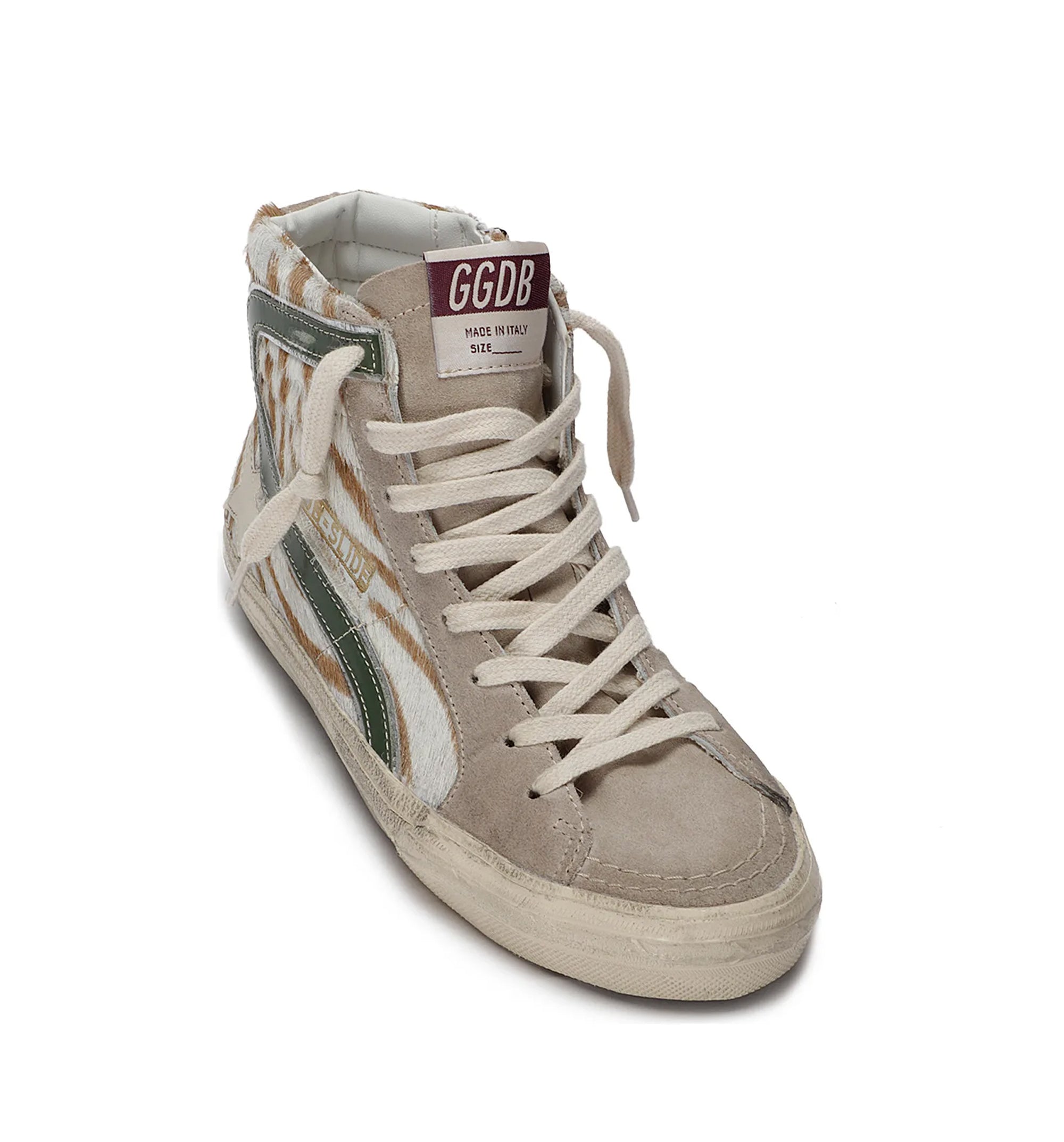 Slide In Zebra-Print Pony Skin With Green Laminated Leather Flash