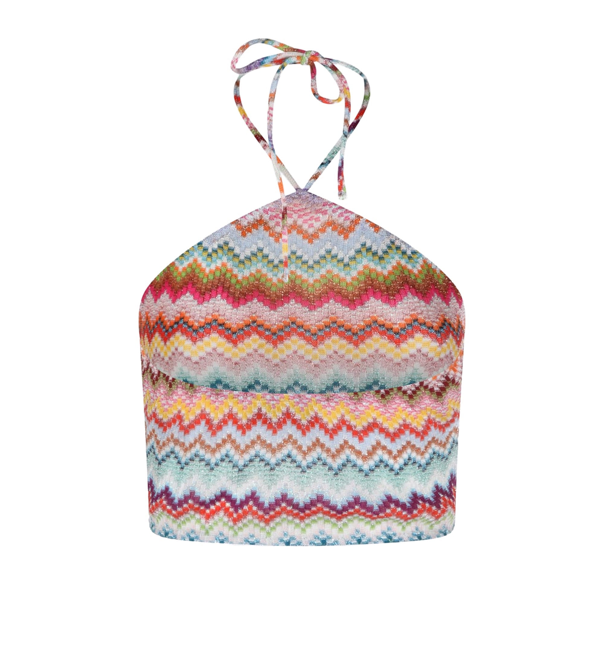Halter-Neck Lamé Viscose Top With Pixel-Effect Zigzag Motif