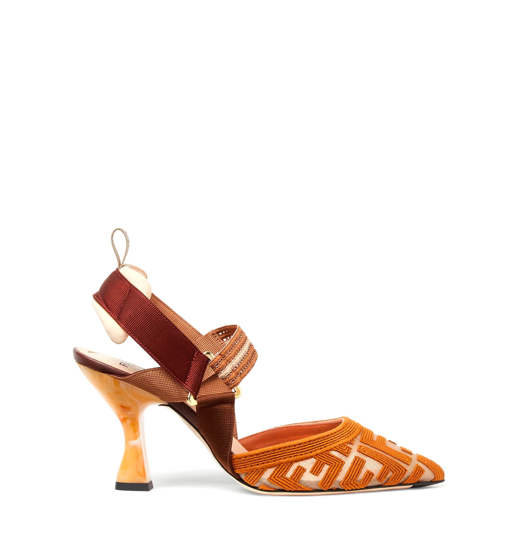 Brown FF fabric high-heeled slingbacks