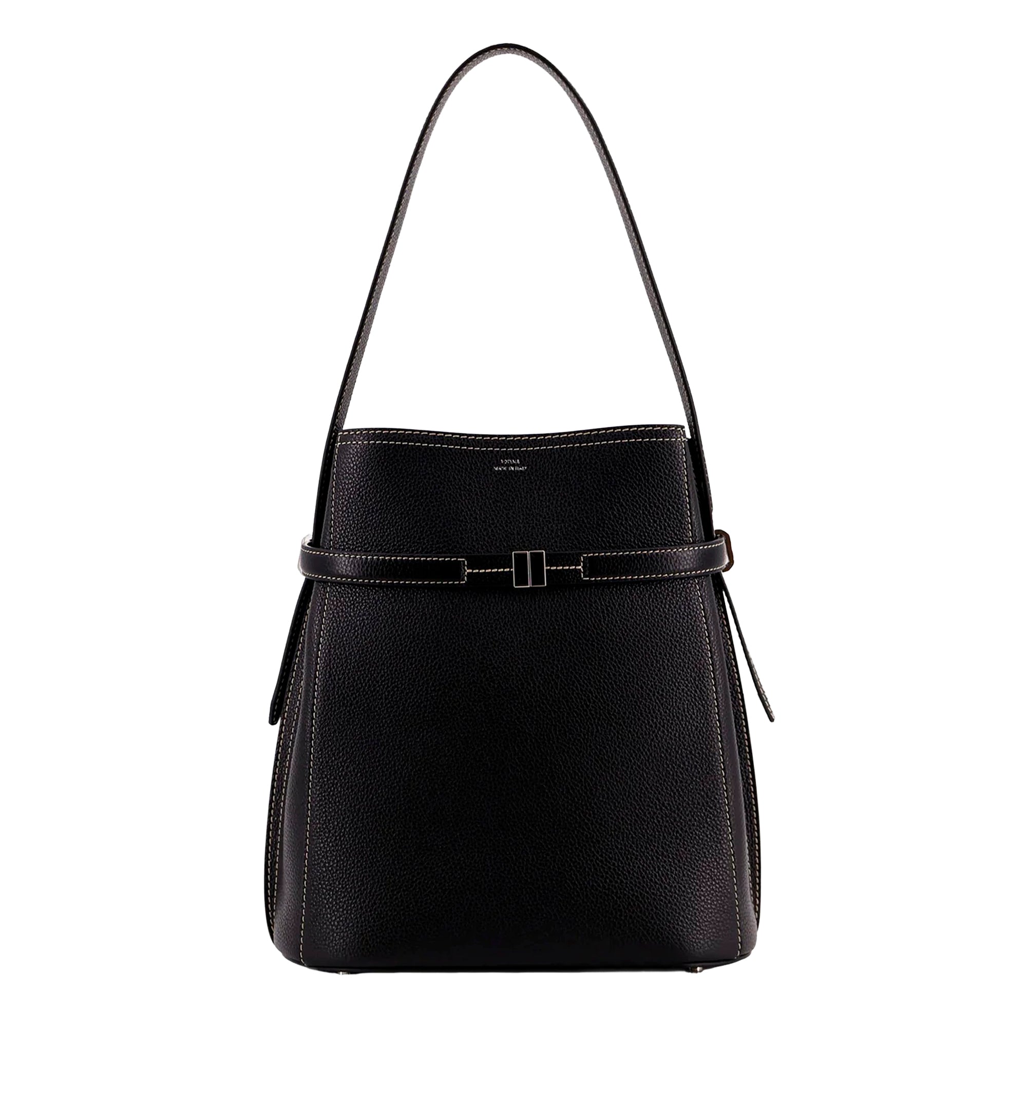 Hammered leather bucket bag with strap on the front