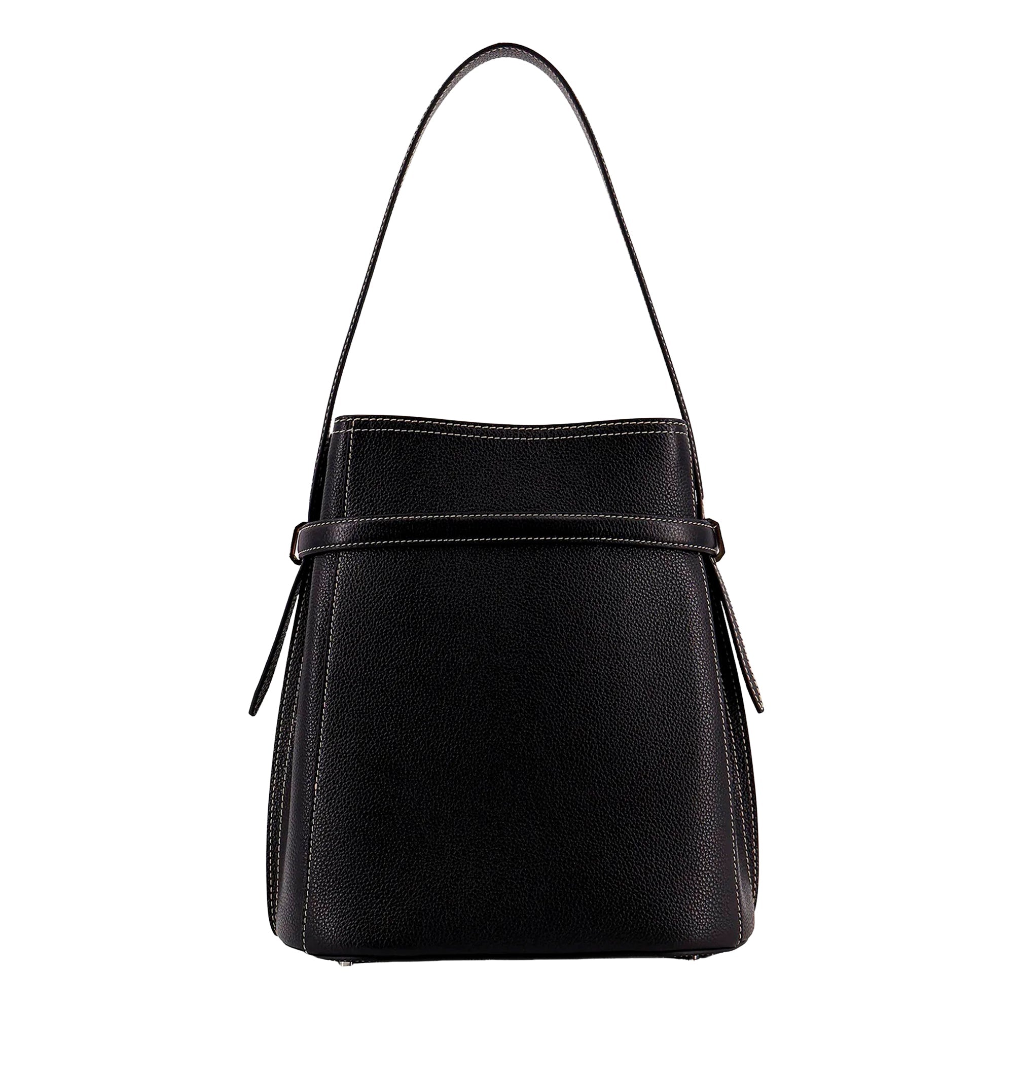 Hammered leather bucket bag with strap on the front