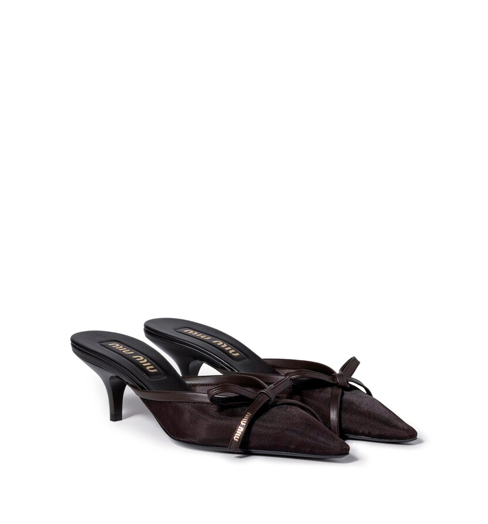 Mesh fabric heeled mules