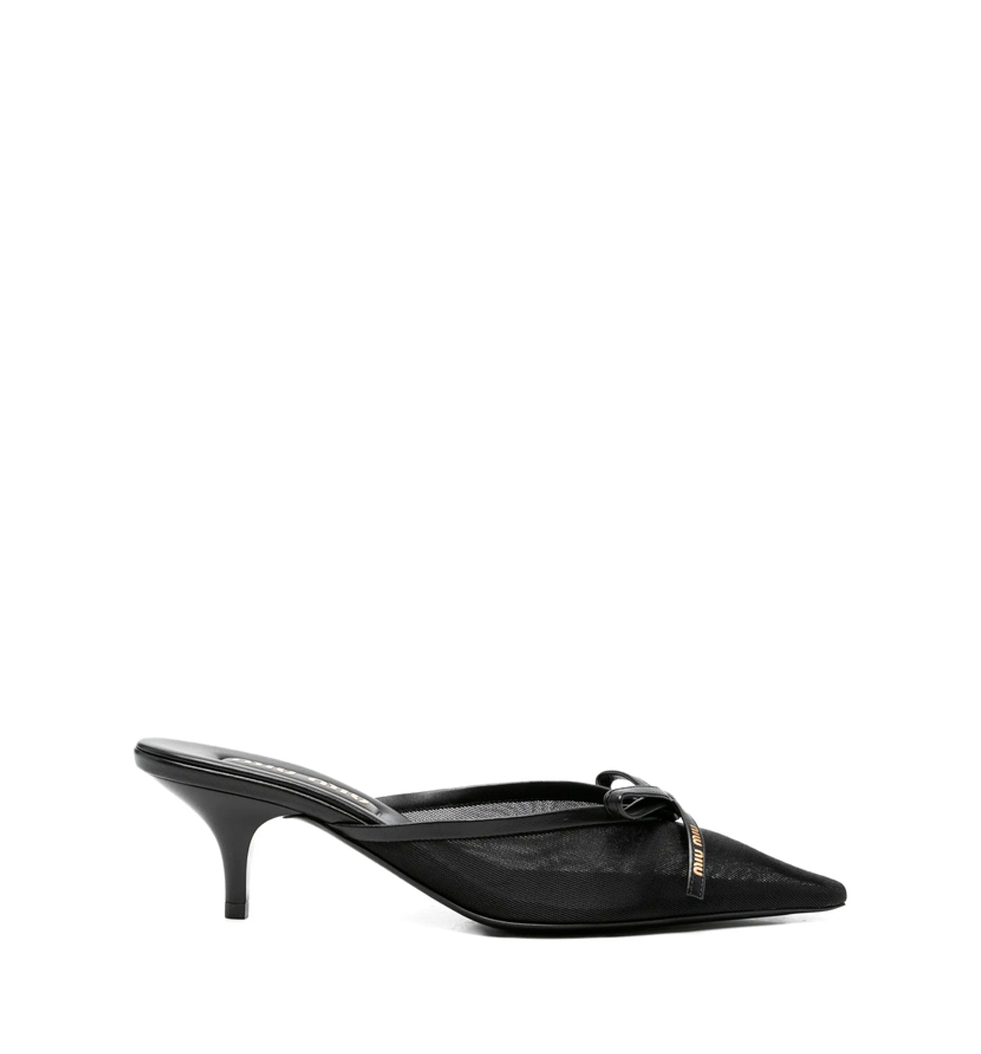 Mesh fabric heeled mules