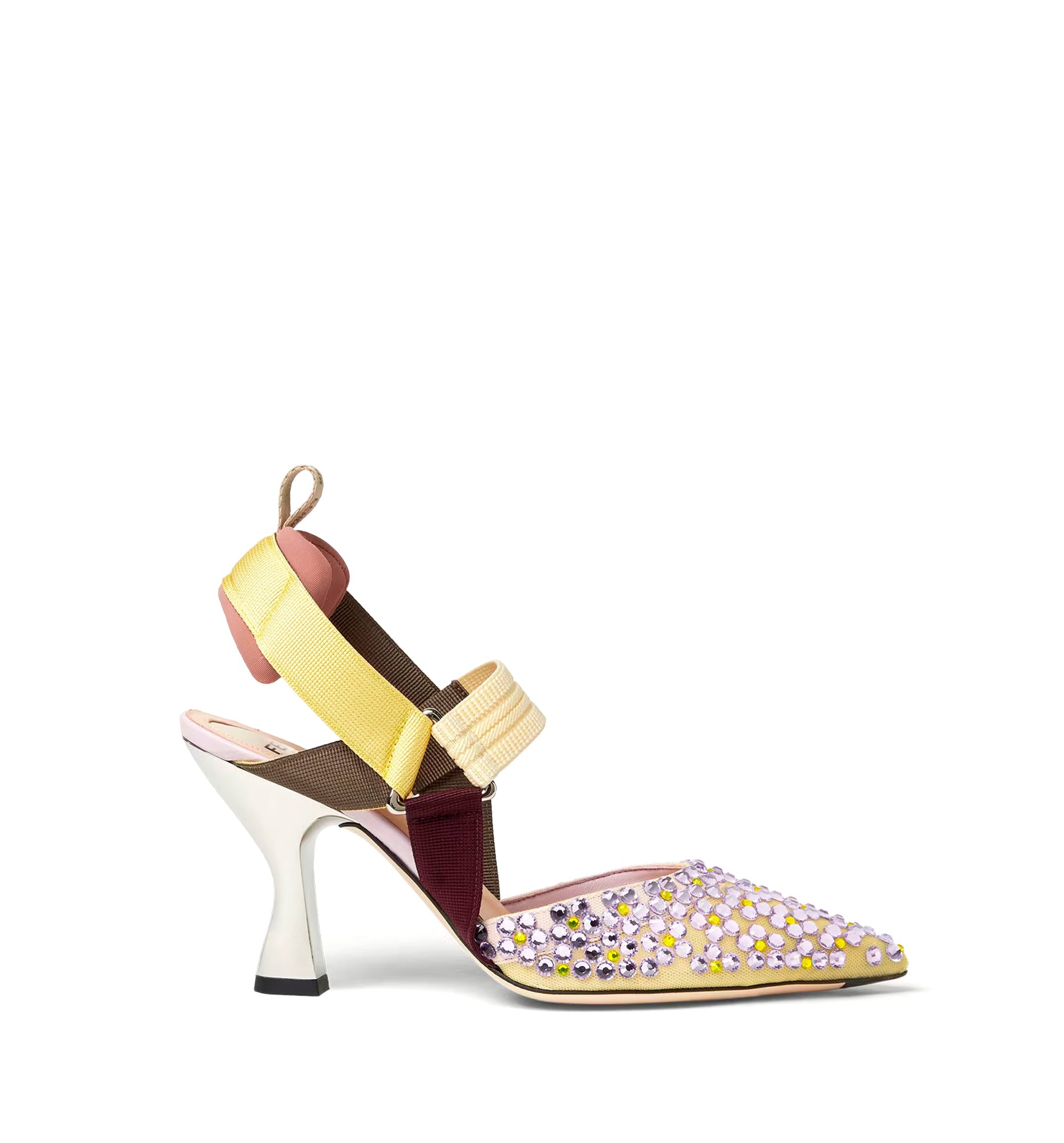 Yellow mesh and lilac crystal high-heeled slingbacks
