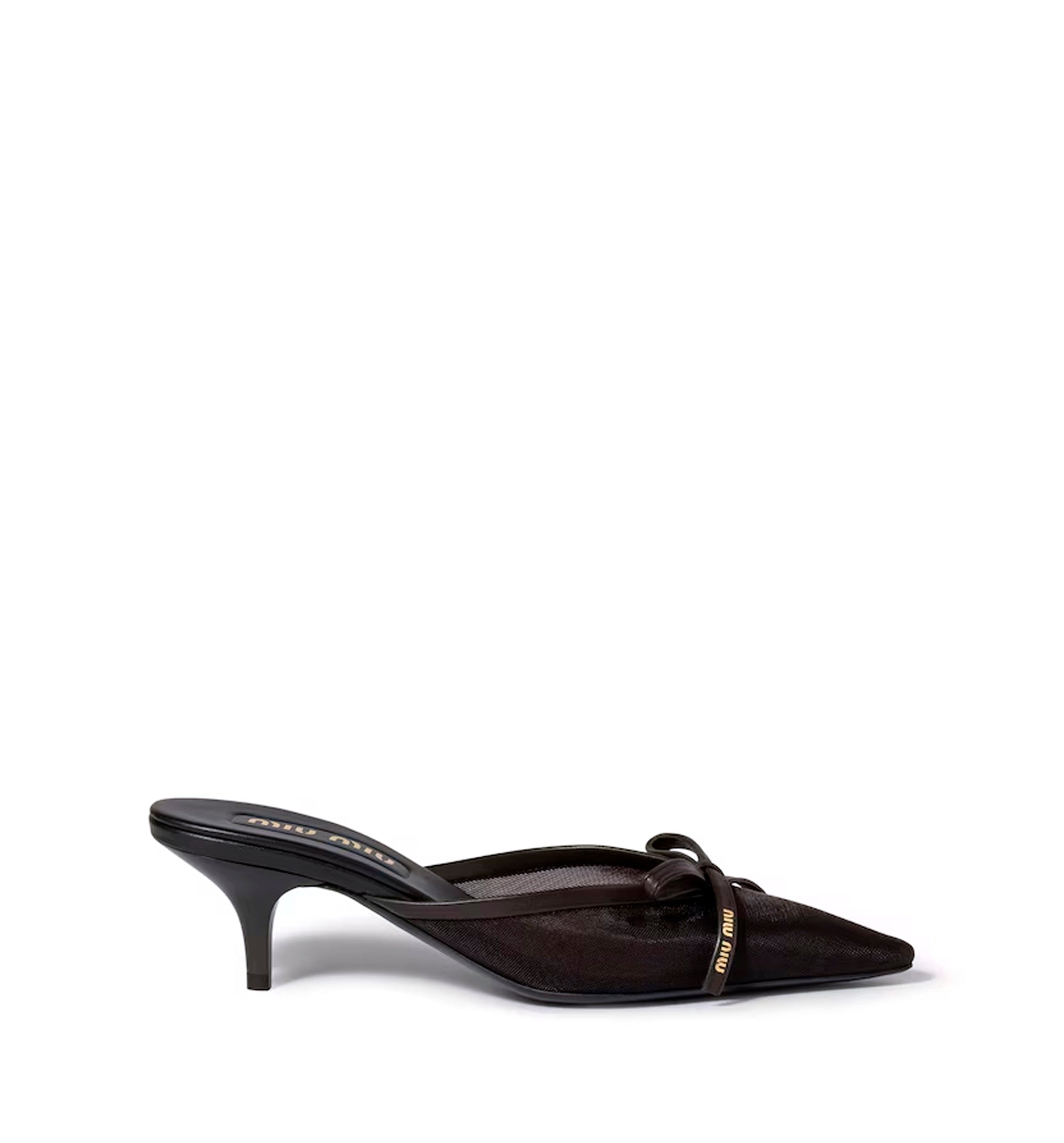 Mesh fabric heeled mules