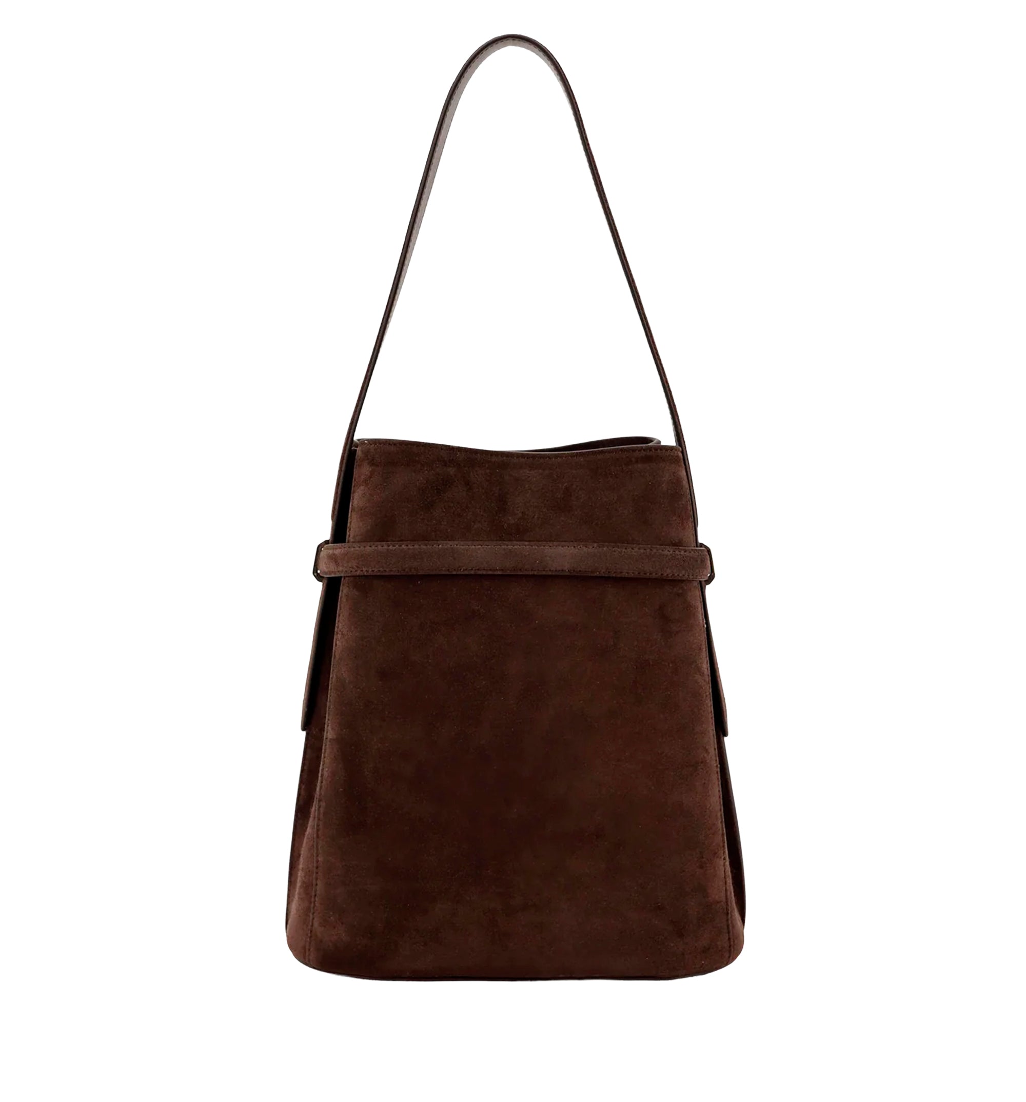 Suede shoulder bag with metal detail on the front