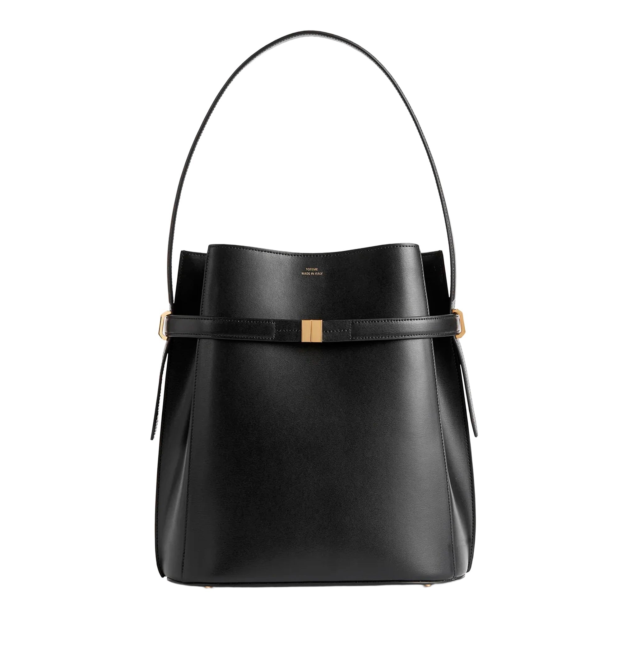 Belted leather bucket bag black