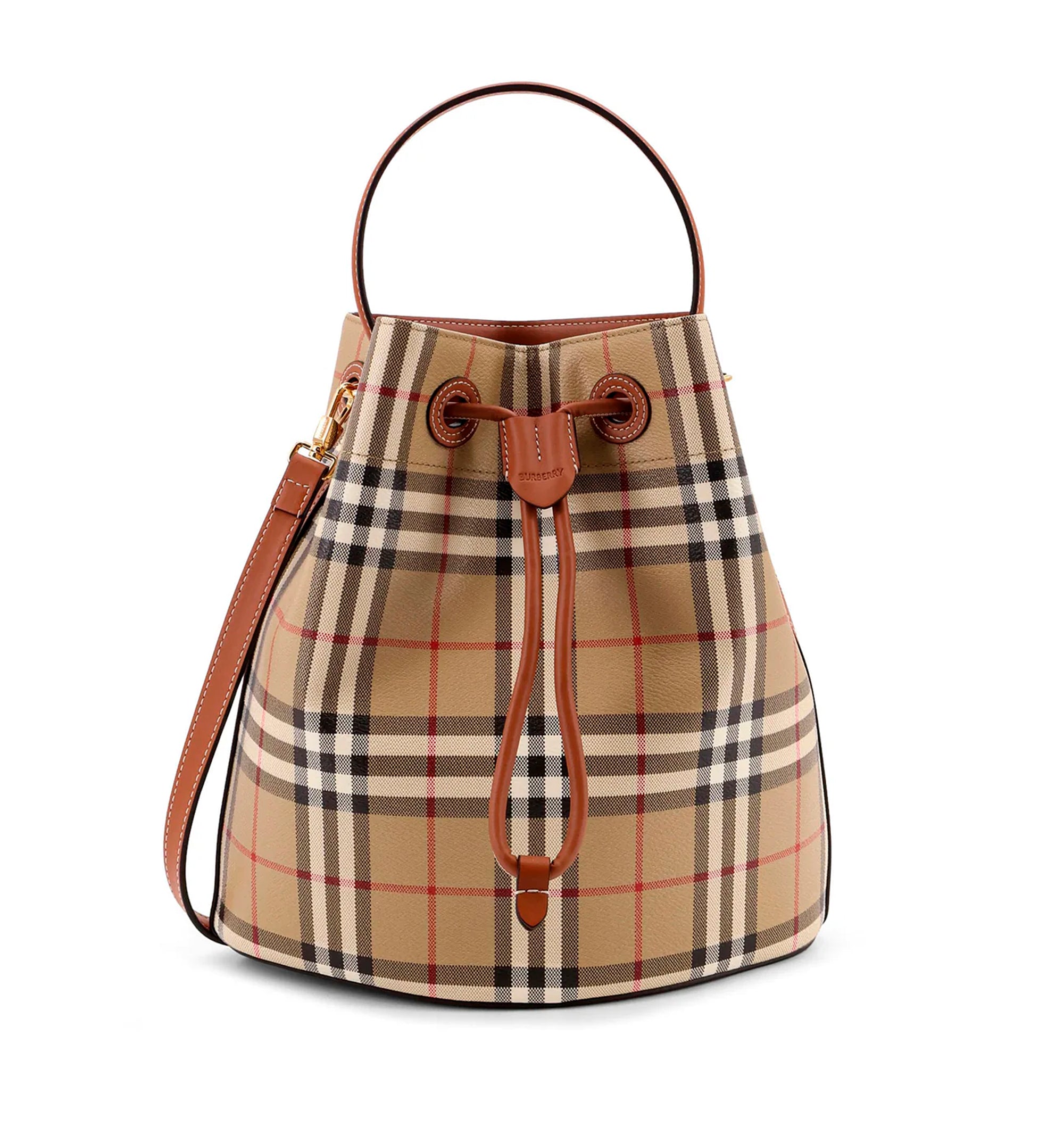 Coated canvas bucket bag with check pattern