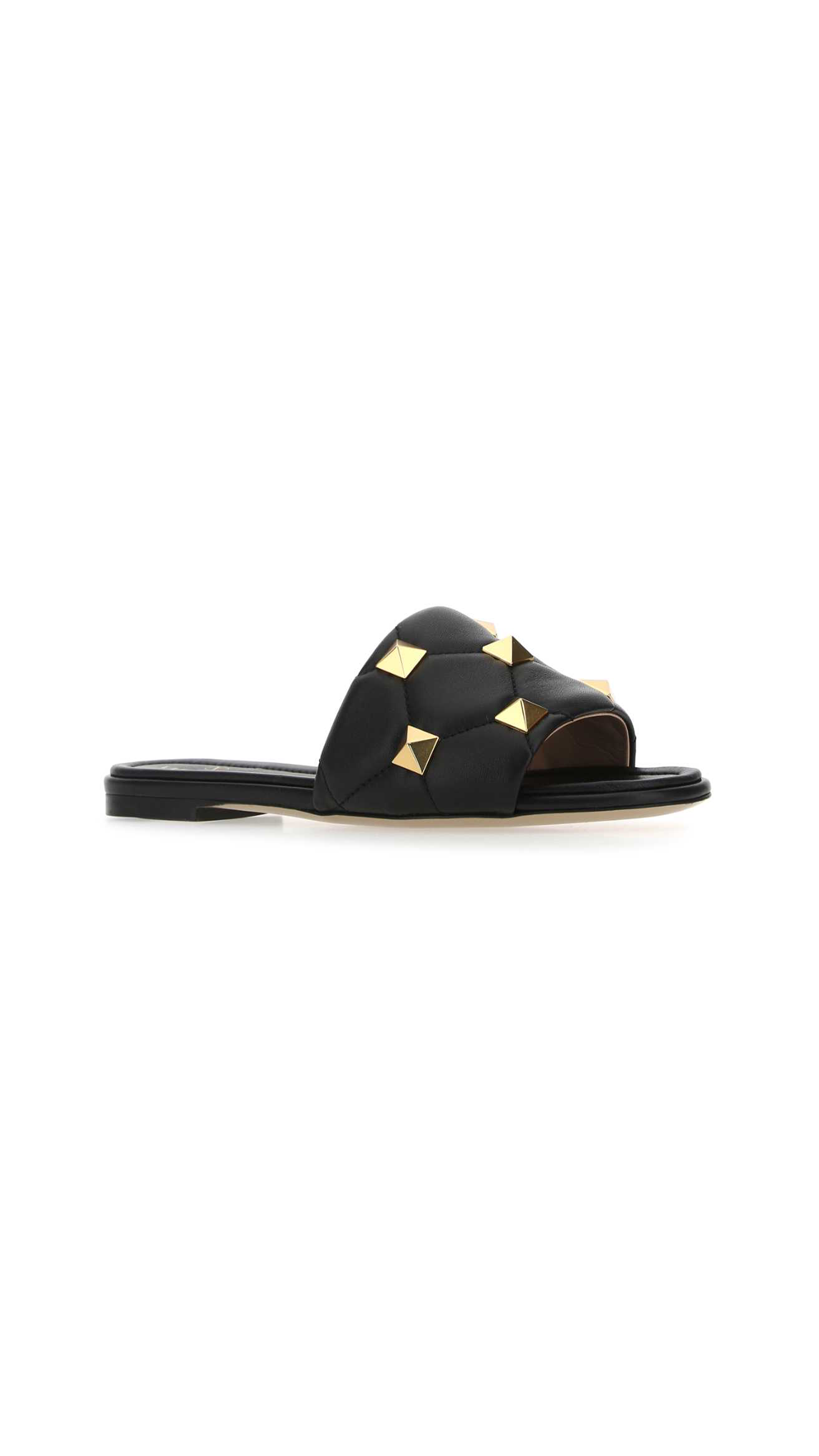 Roman Stud Calfskin Slide Sandals - Black
