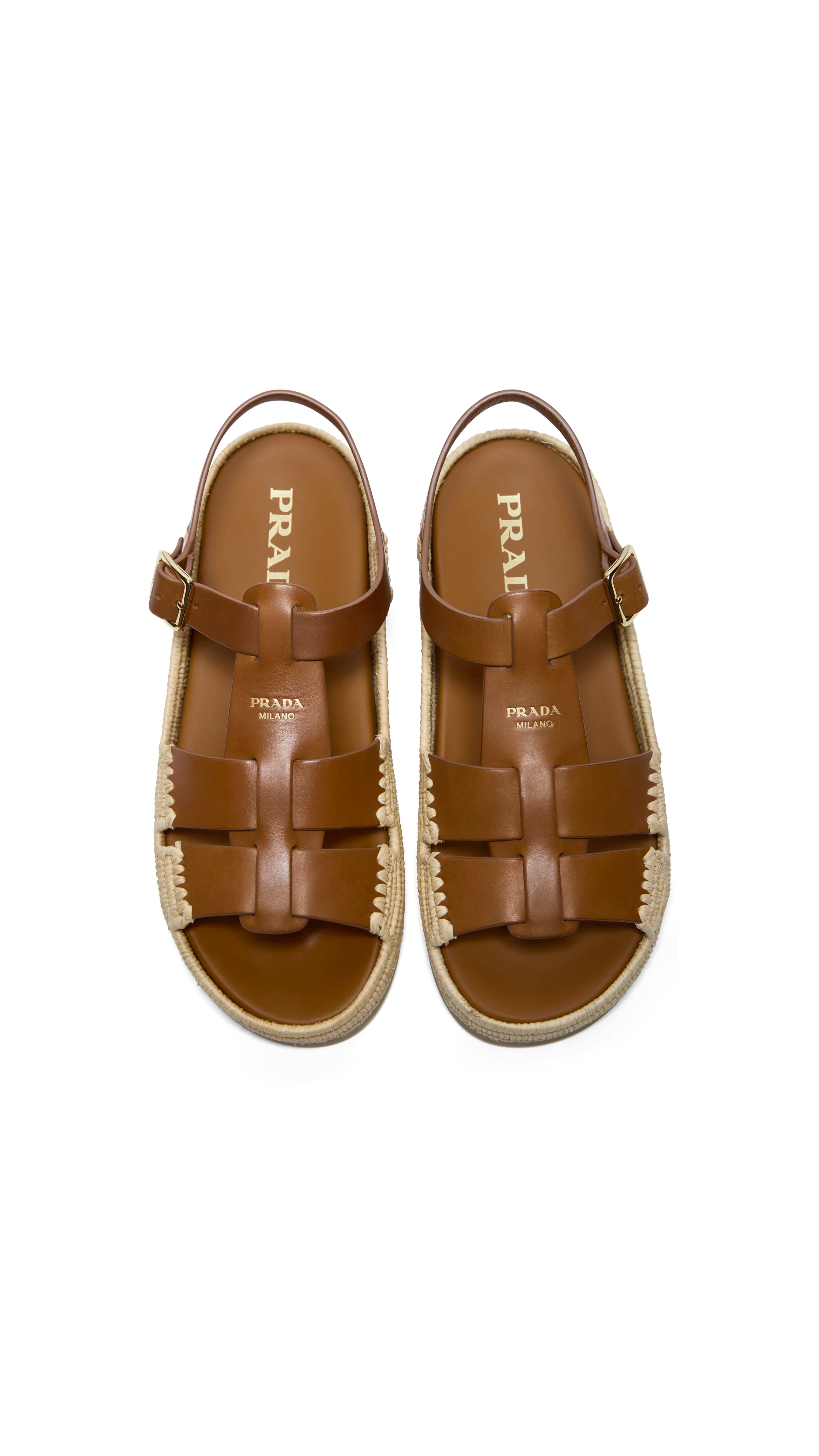 Leather and Raffia Fisherman Sandals - Cognac/Natural
