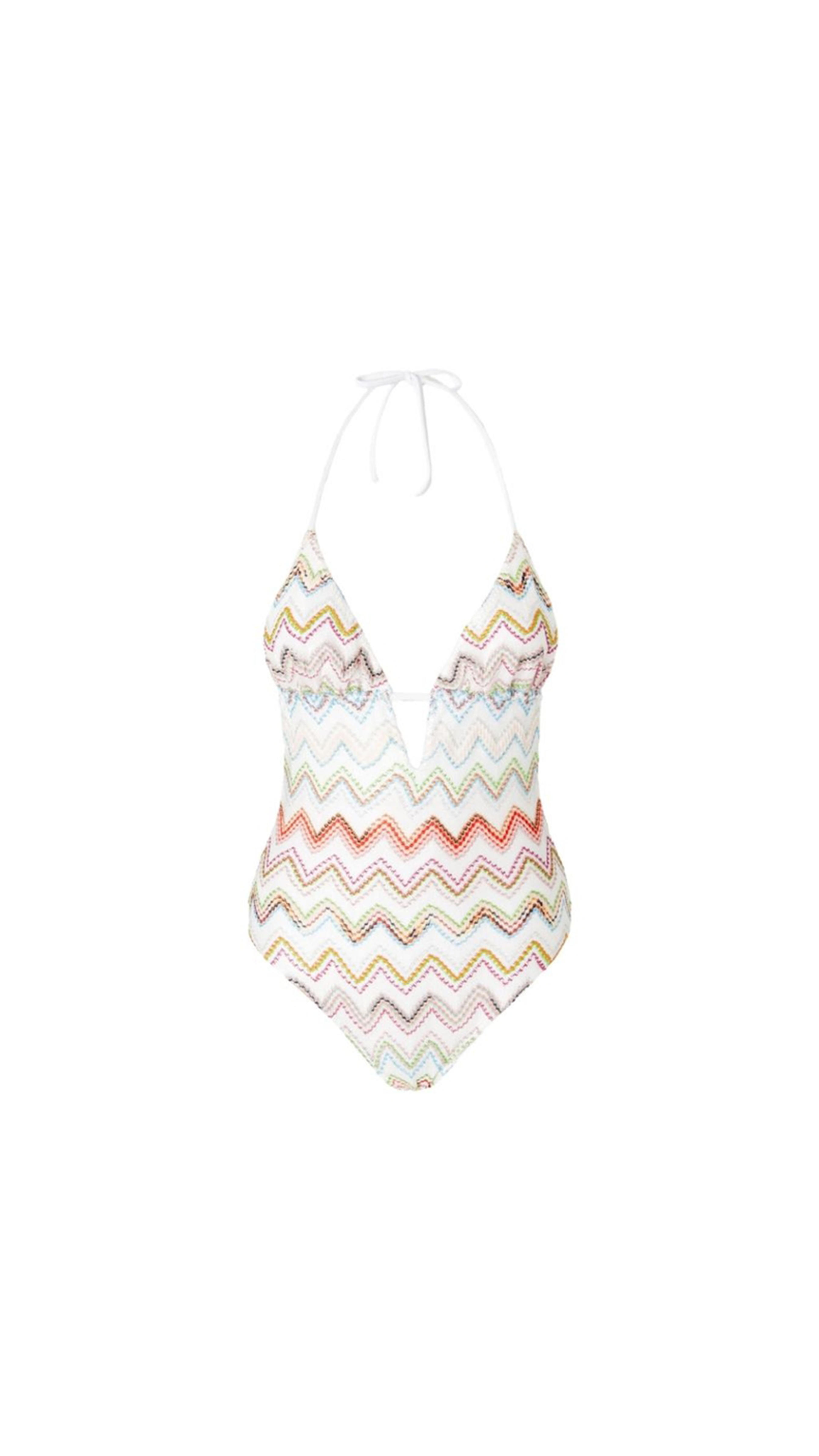 One-piece Swimsuit with Zig Zag Lamé 3D - White/Multi
