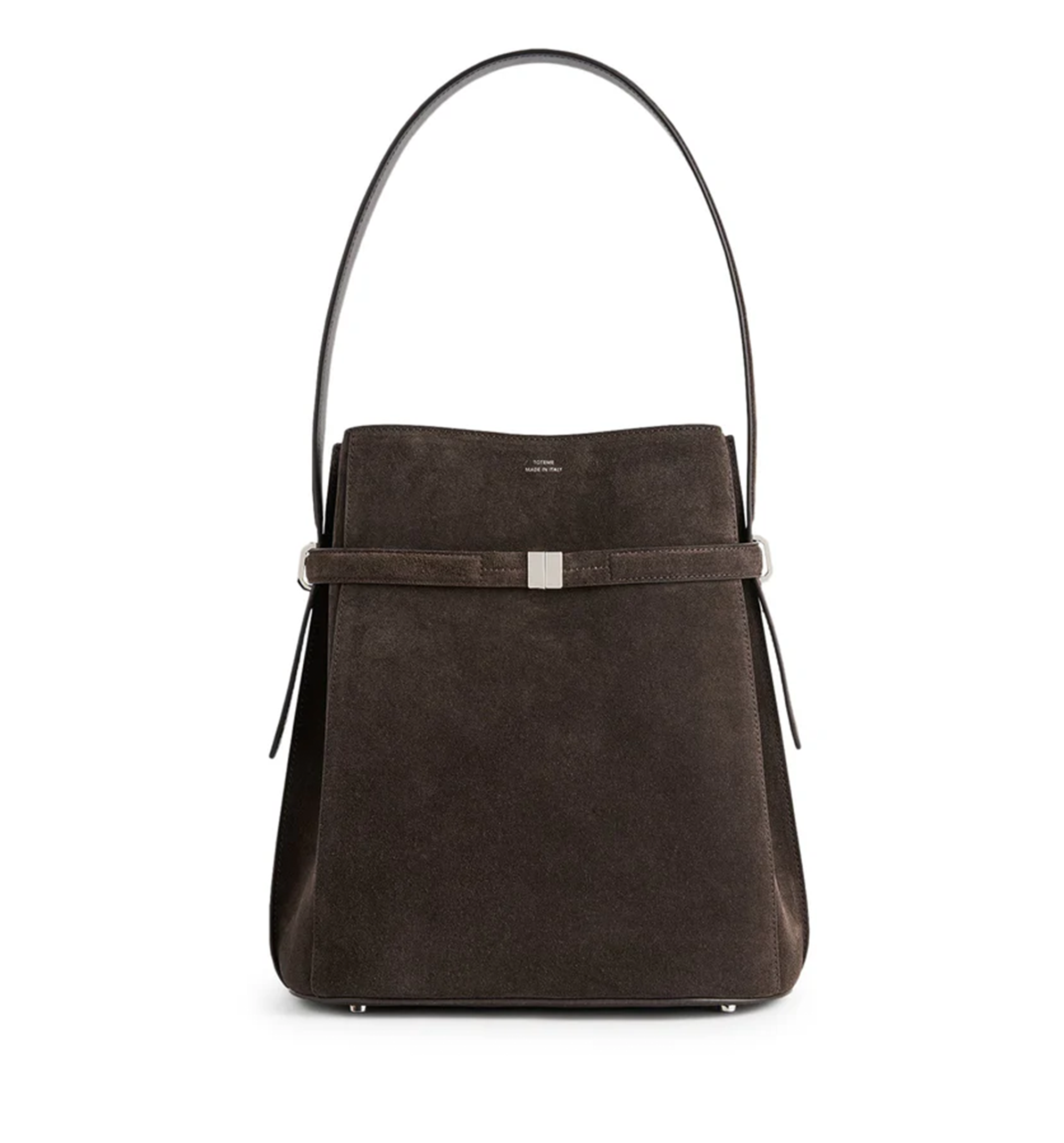 Belted suede bucket bag