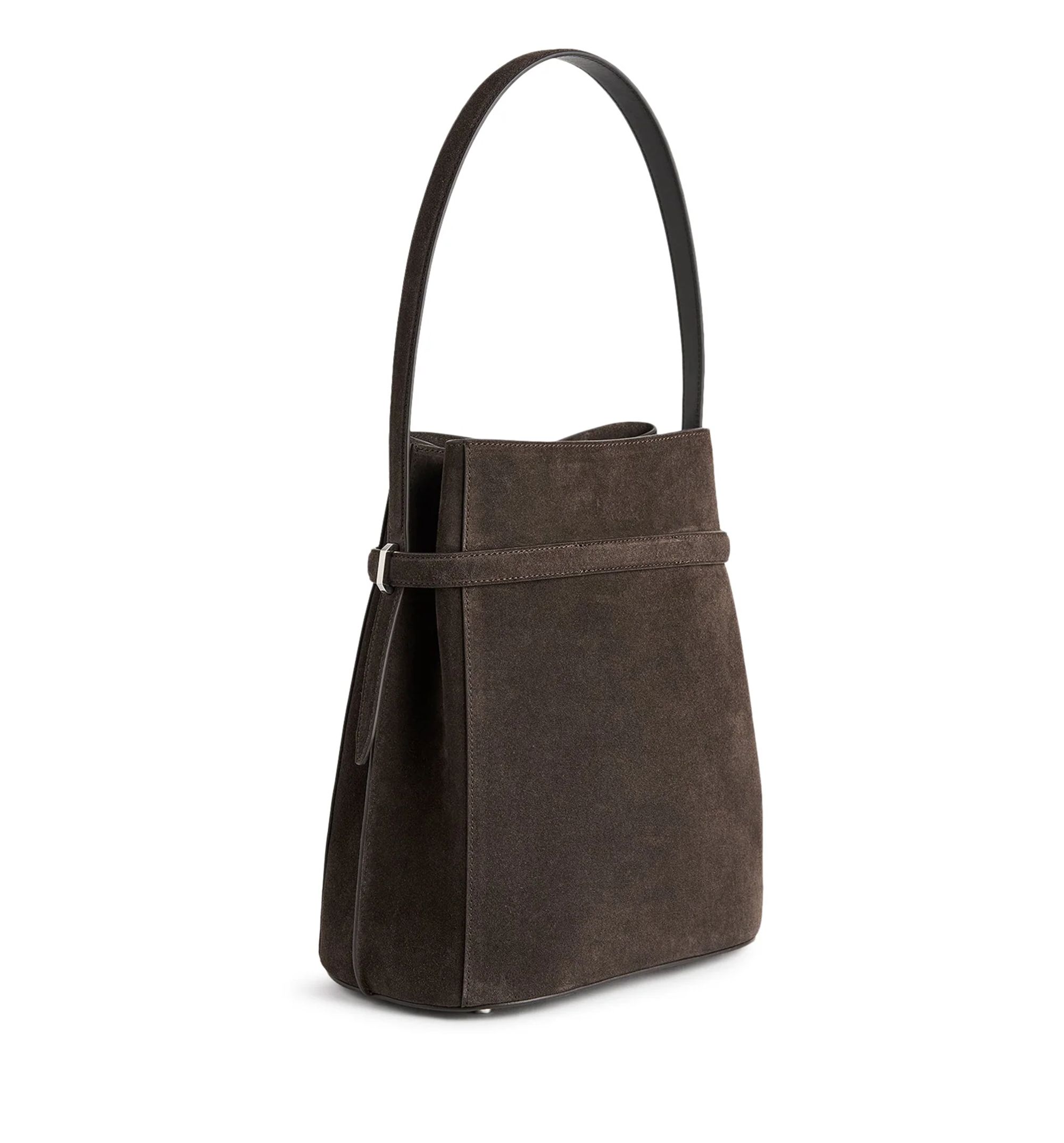 Belted suede bucket bag