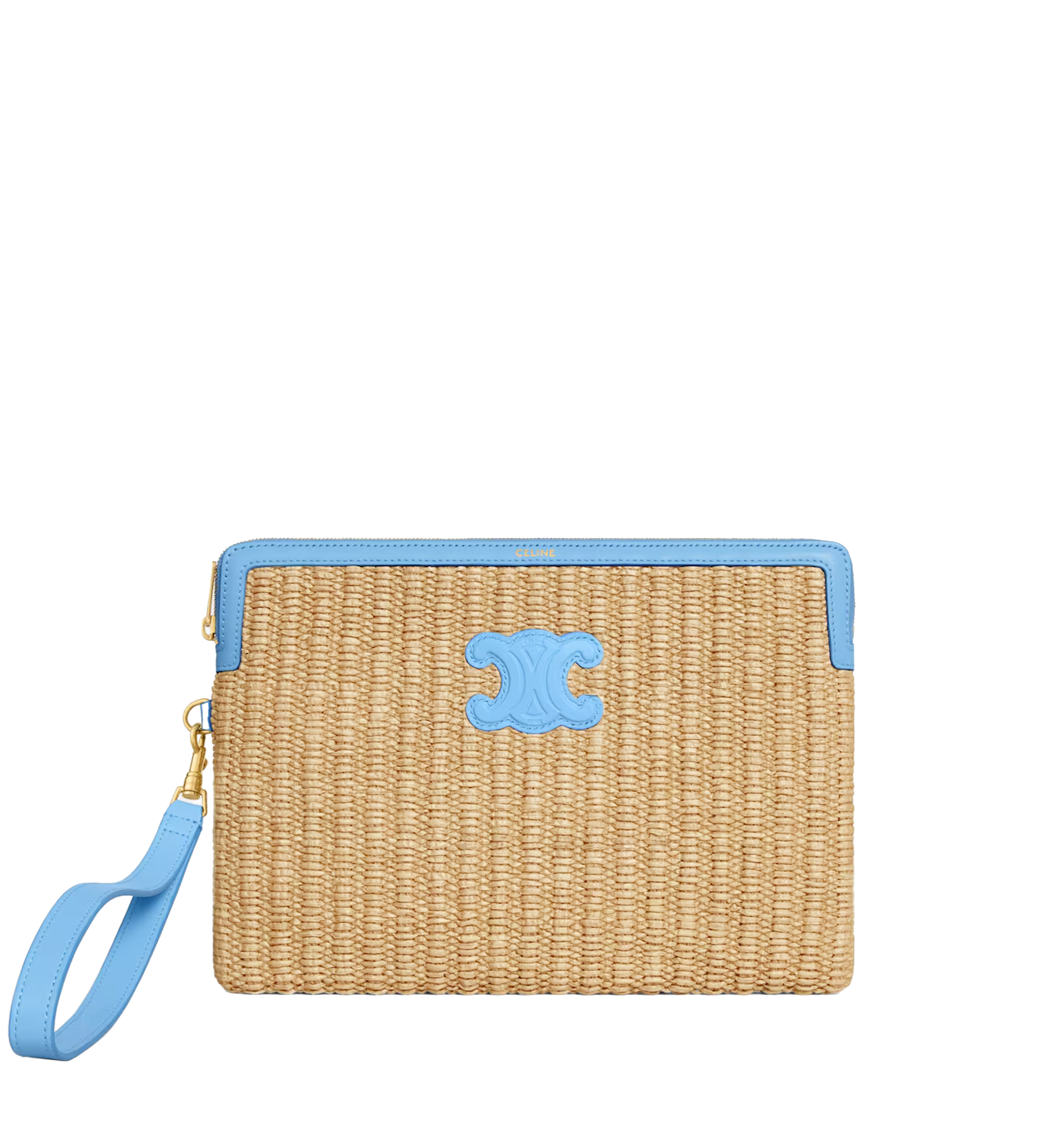 Small Pouch With Strap In Raffia Effect Textile And Calfskin