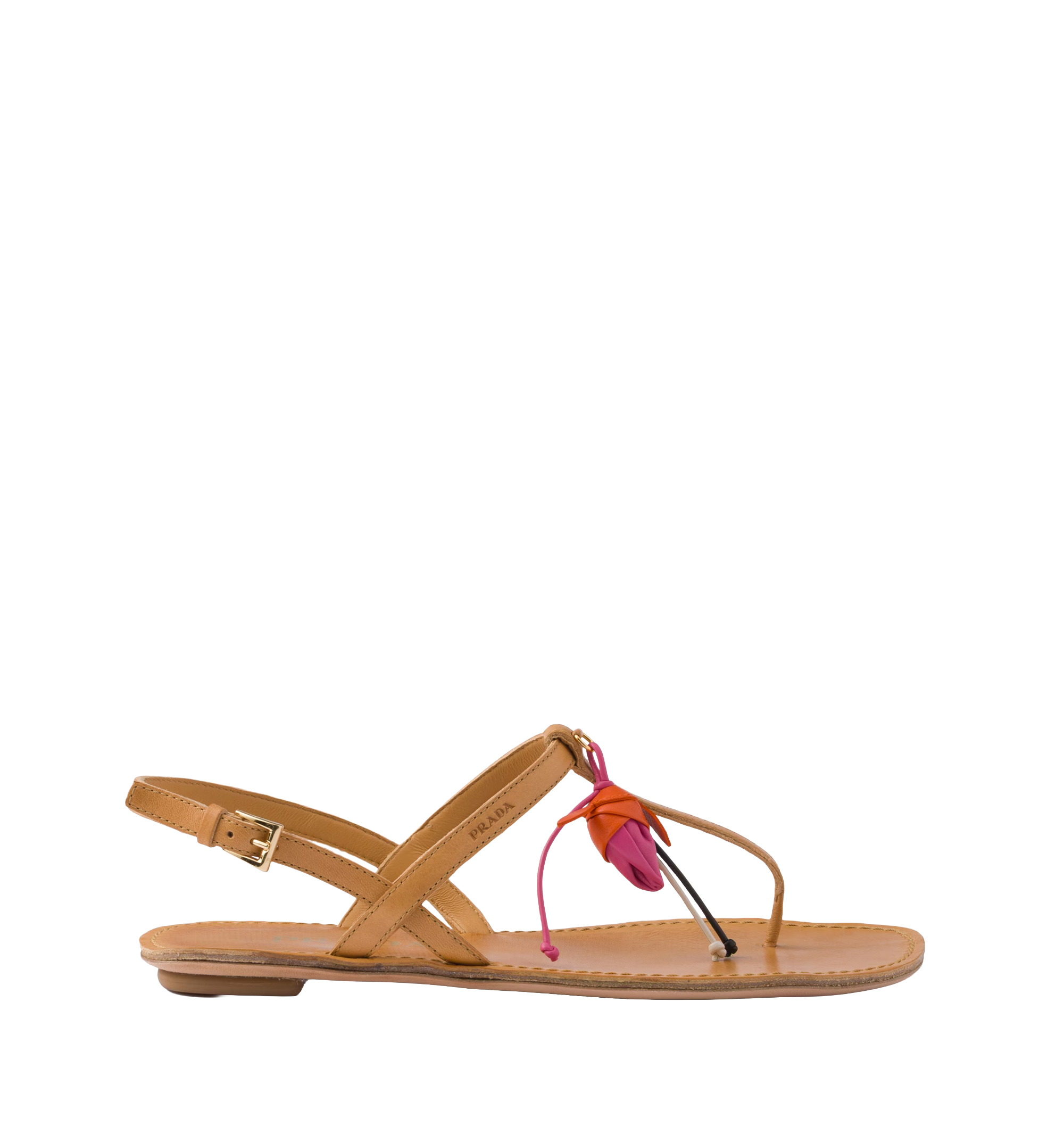 Antiqued leather thong sandals with floral ornament