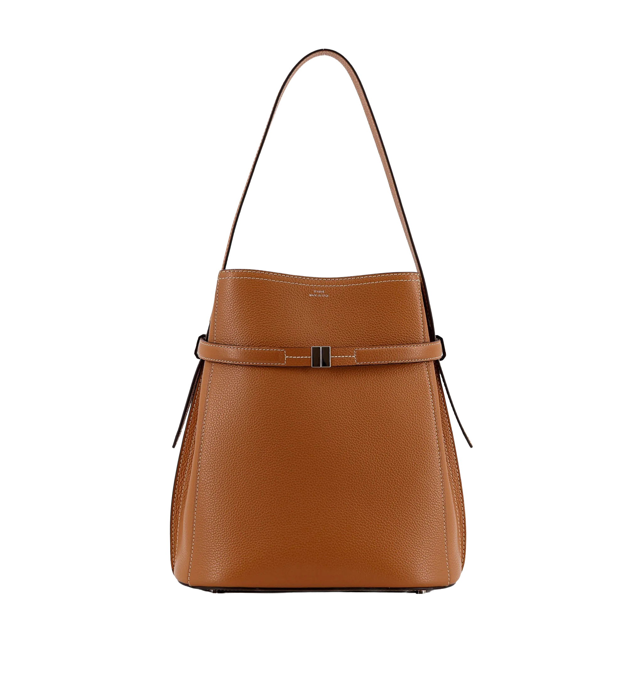 Textured leather bucket bag with frontal strap